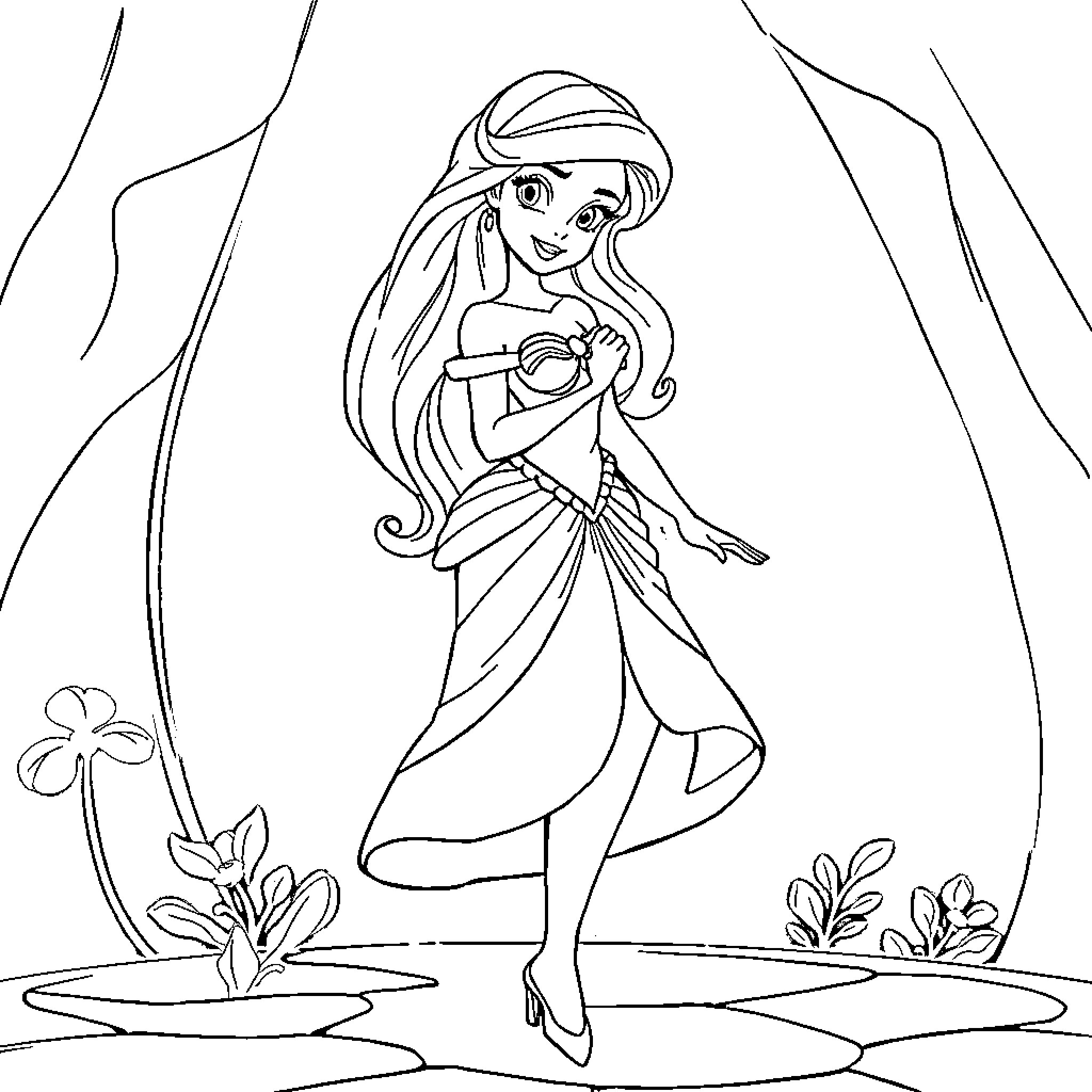 Esmeralda's Graceful Dance in the Garden Coloring Page (free black-and-white line drawing printable PDF for all, from beginners to advanced learners, including children, teens, adults, and seniors)