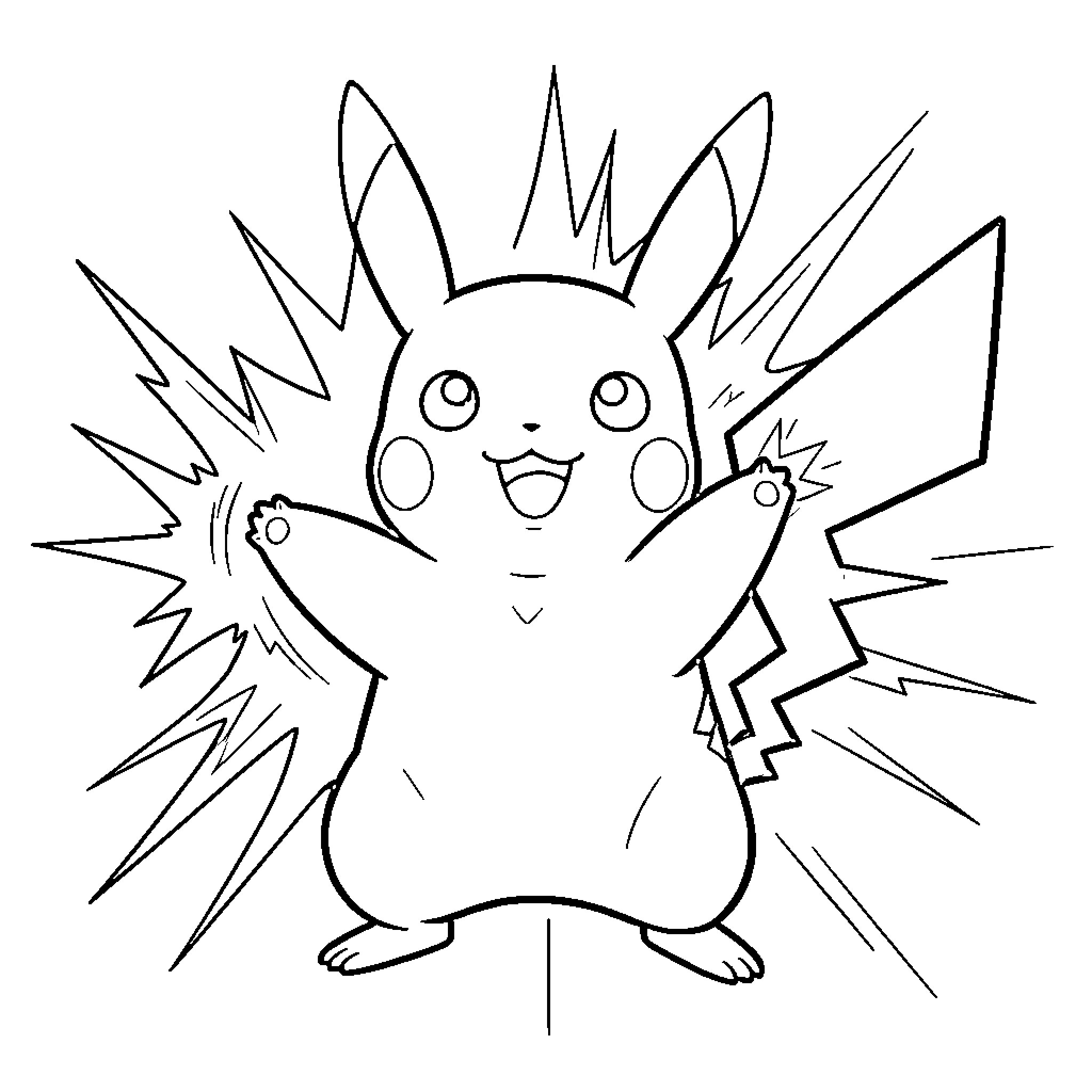 Pikachu's joyful expression and electric pose Coloring Page (free black-and-white line drawing printable PDF for all, from beginners to advanced learners, including children, teens, adults, and seniors)