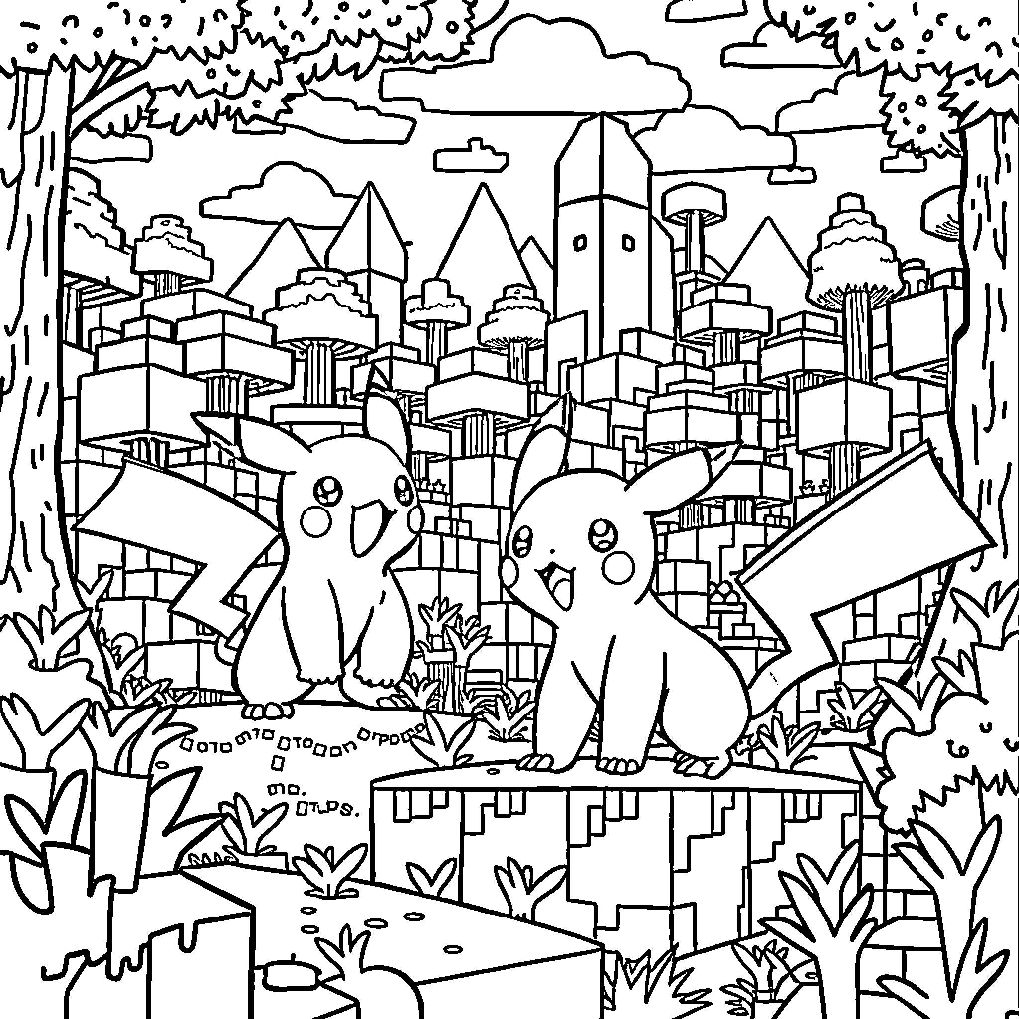 Pokémon Explore Lush Fantasy Cityscape Coloring Page (free black-and-white line drawing printable PDF for all, from beginners to advanced learners, including children, teens, adults, and seniors)