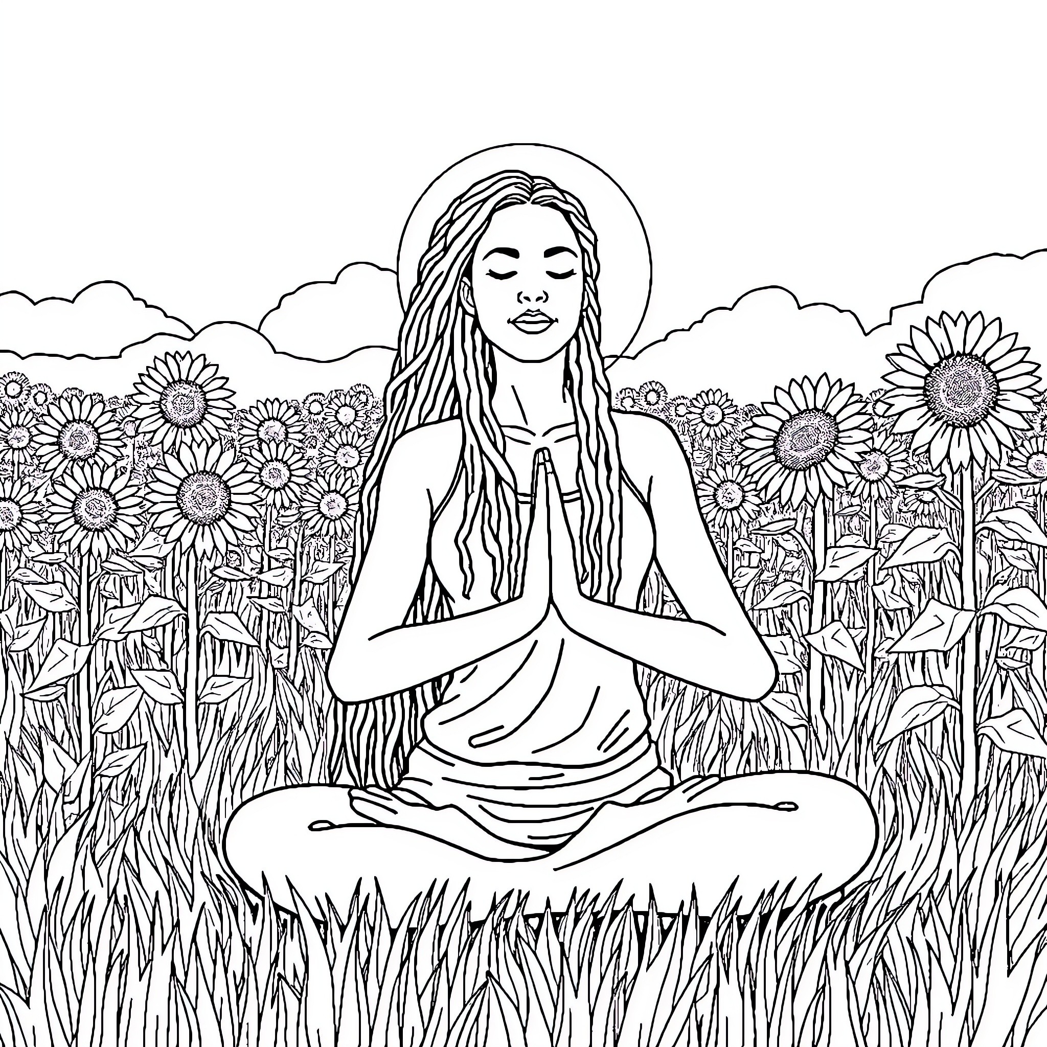 Woman meditating peacefully in a sunflower field Coloring Page (free black-and-white line drawing printable PDF for all, from beginners to advanced learners, including children, teens, adults, and seniors)