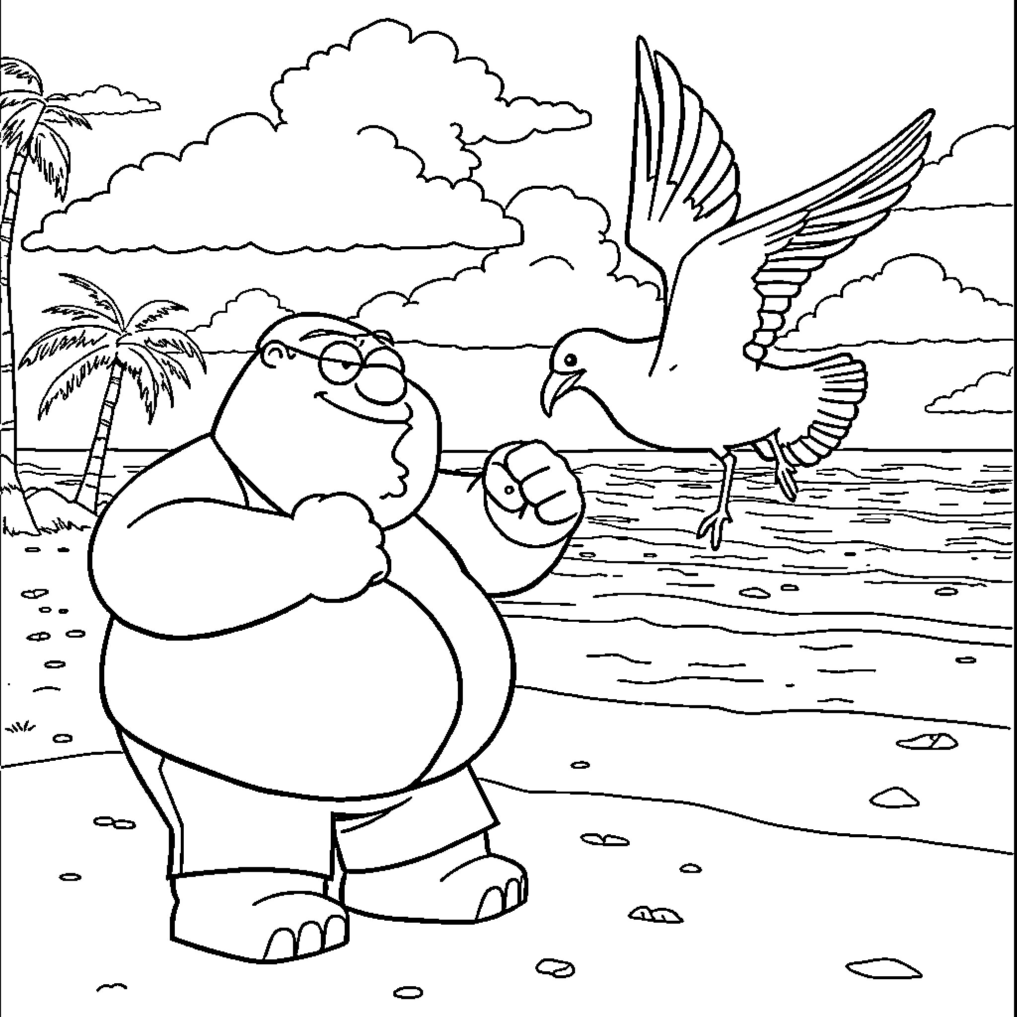 Peter Griffin enjoying a beach vacation Coloring Page (free black-and-white line drawing printable PDF for all, from beginners to advanced learners, including children, teens, adults, and seniors)
