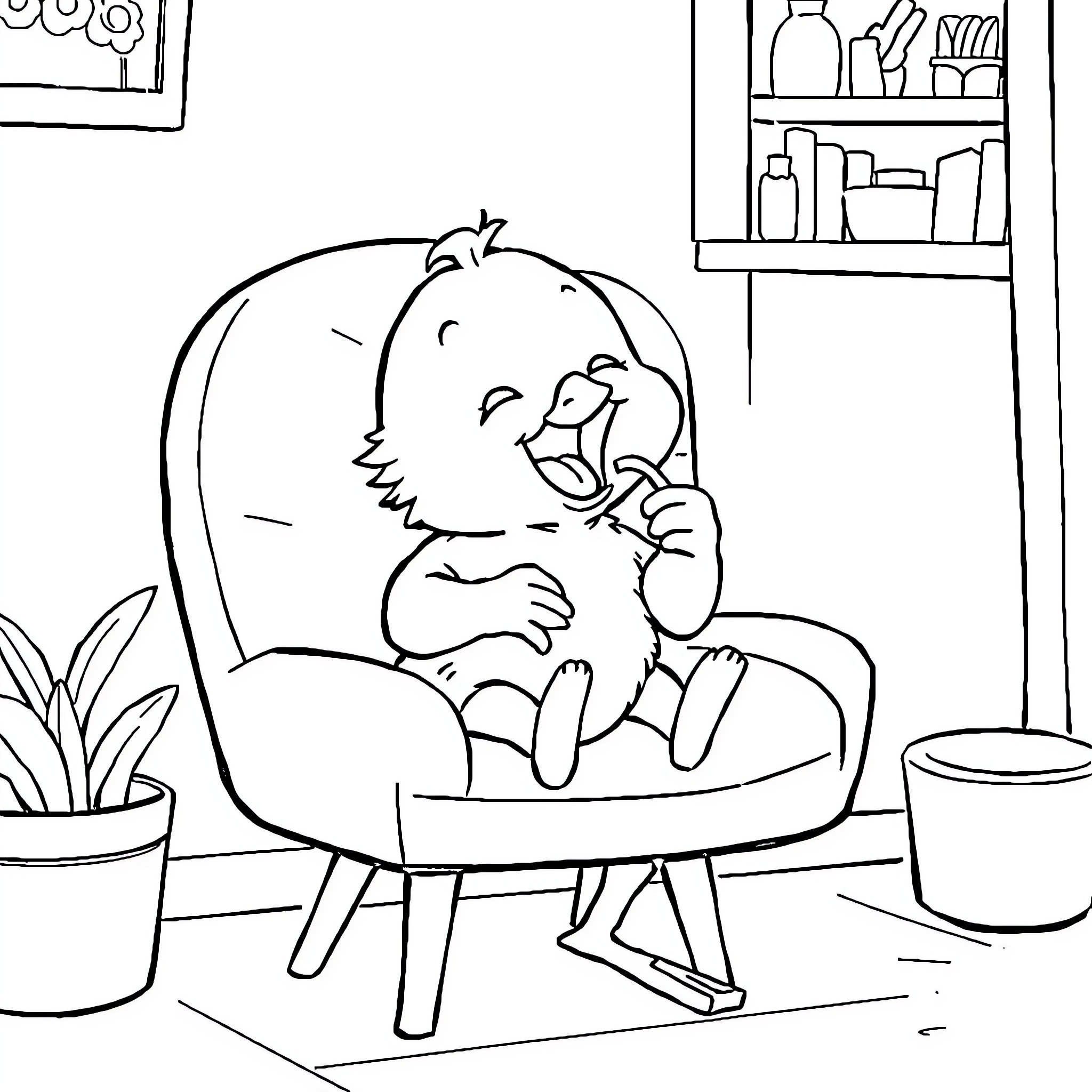 Boy sitting happily in armchair Coloring Page (free black-and-white line drawing printable PDF for all, from beginners to advanced learners, including children, teens, adults, and seniors)