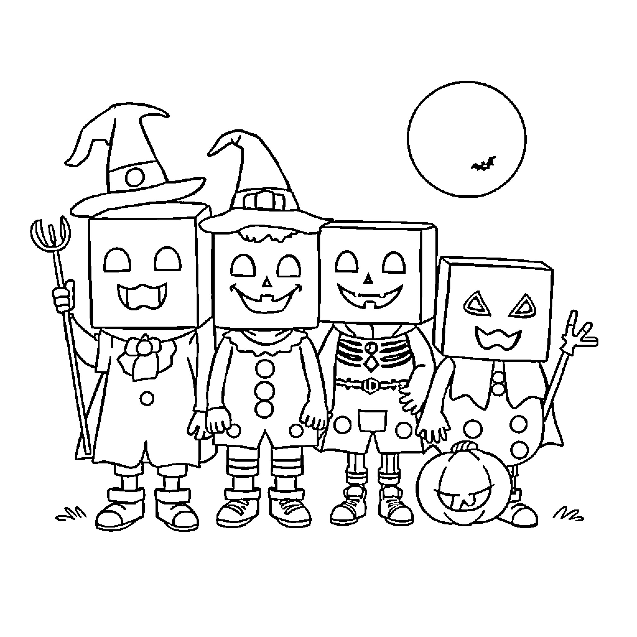 Number of Cheerful Halloween Characters Coloring Page (free black-and-white line drawing printable PDF for all, from beginners to advanced learners, including children, teens, adults, and seniors)