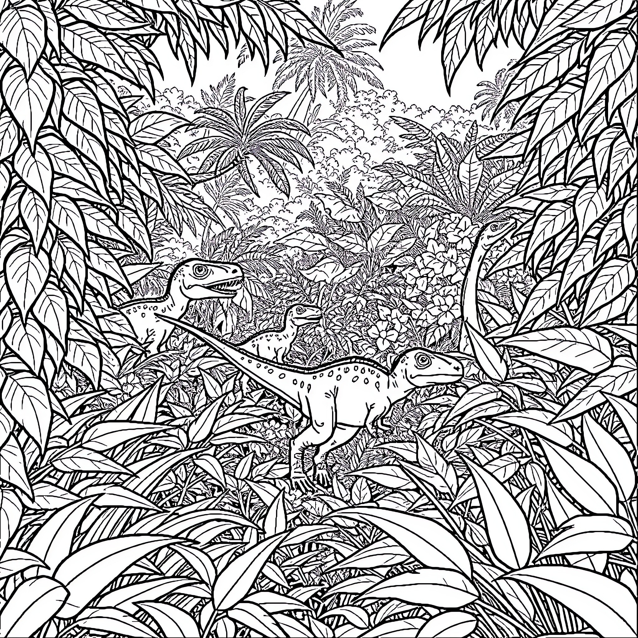 Dinosaurs roaming in the lush tropical jungle Coloring Page (free black-and-white line drawing printable PDF for all, from beginners to advanced learners, including children, teens, adults, and seniors)