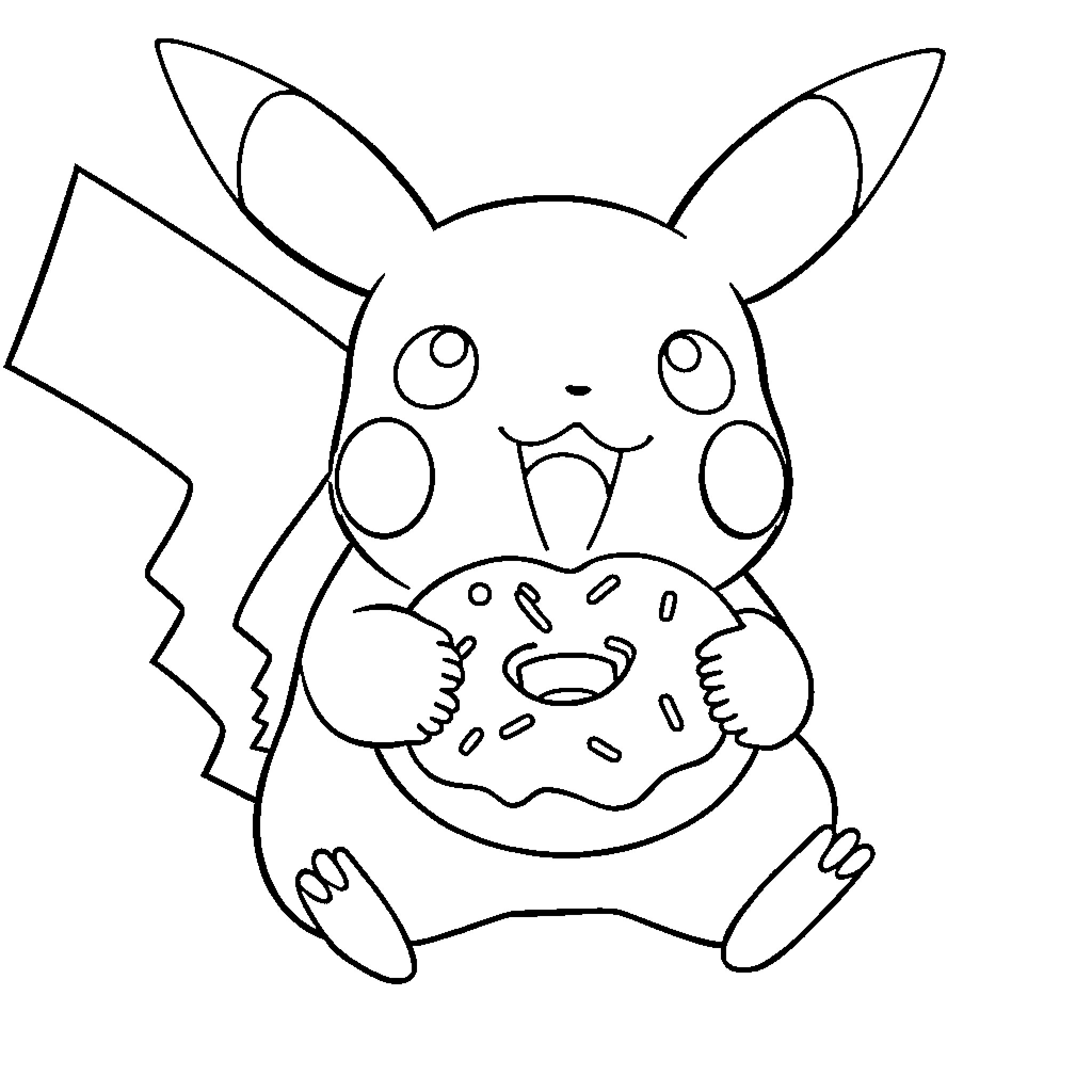 Pikachu enjoying a sweet donut treat Coloring Page (free black-and-white line drawing printable PDF for all, from beginners to advanced learners, including children, teens, adults, and seniors)