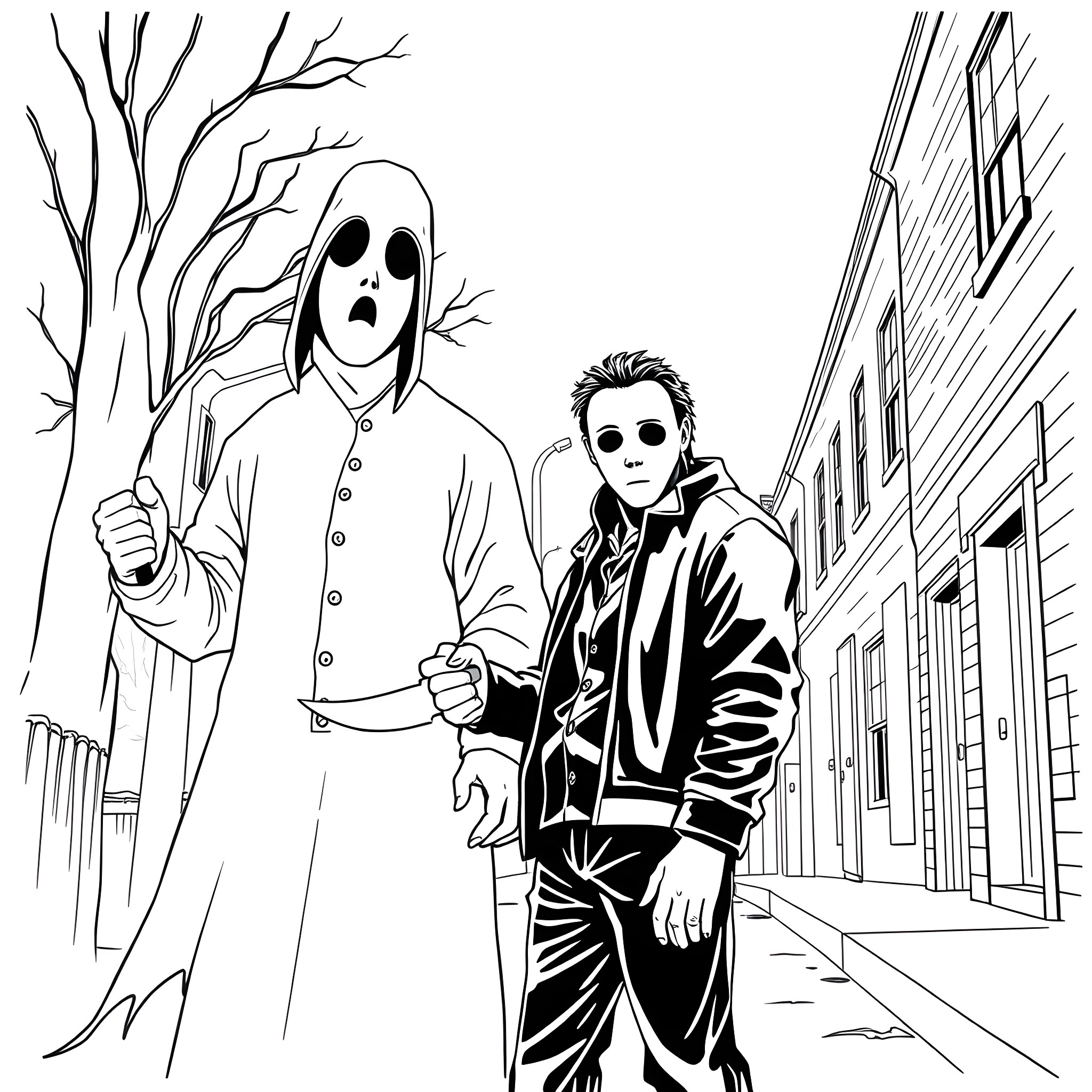 Ghostface encounter on a dark city street Coloring Page (free black-and-white line drawing printable PDF for all, from beginners to advanced learners, including children, teens, adults, and seniors)
