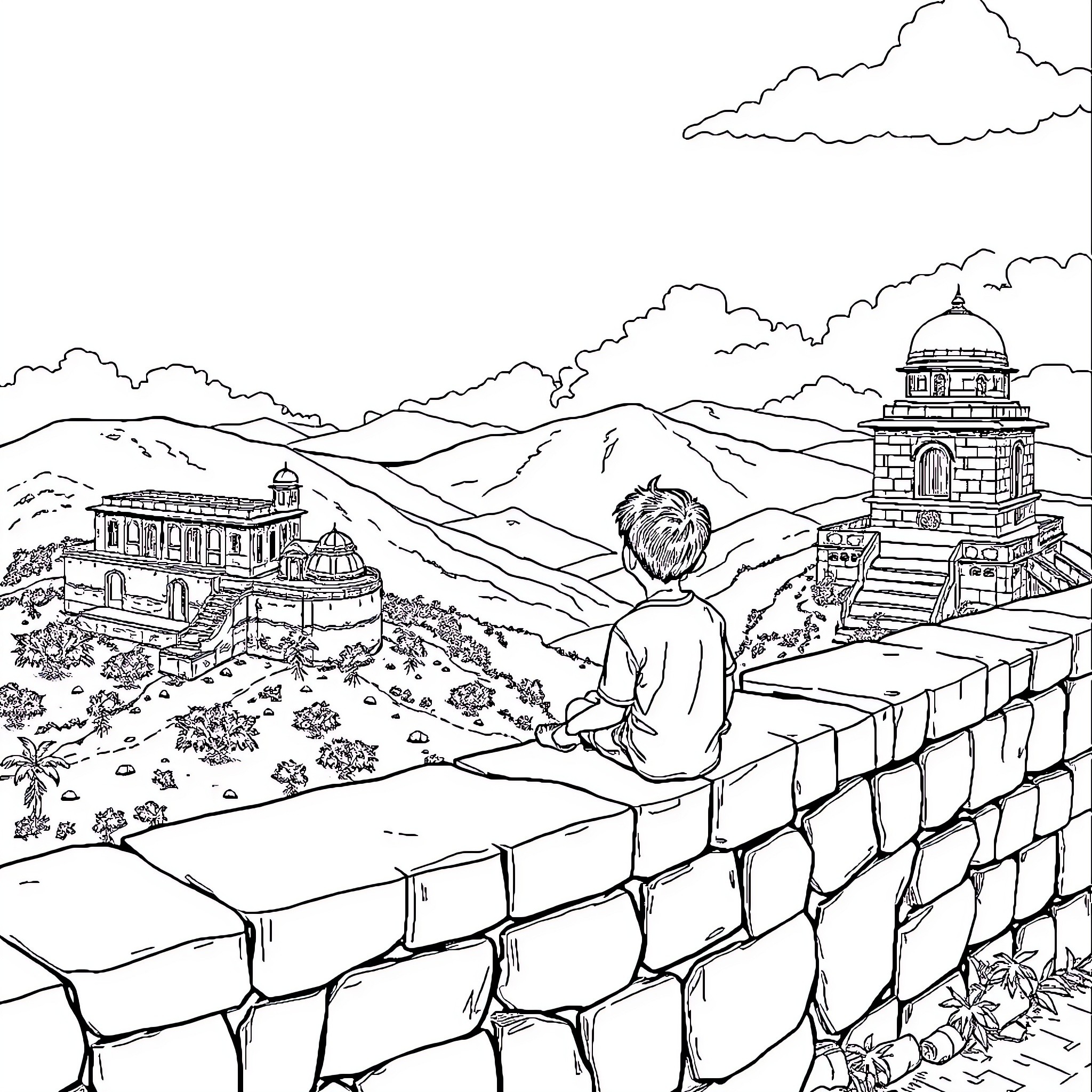 Boy overlooking mountain landscape with historical buildings Coloring Page (free black-and-white line drawing printable PDF for all, from beginners to advanced learners, including children, teens, adults, and seniors)