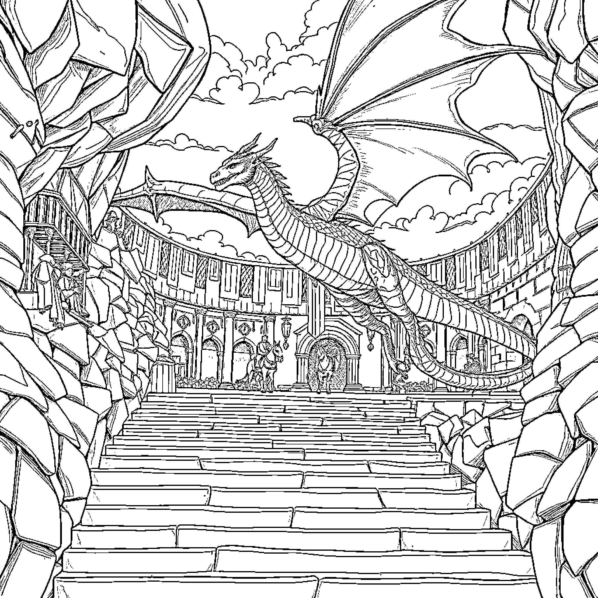 Dragon soaring over ancient castle steps Coloring Page (free black-and-white line drawing printable PDF for all, from beginners to advanced learners, including children, teens, adults, and seniors)