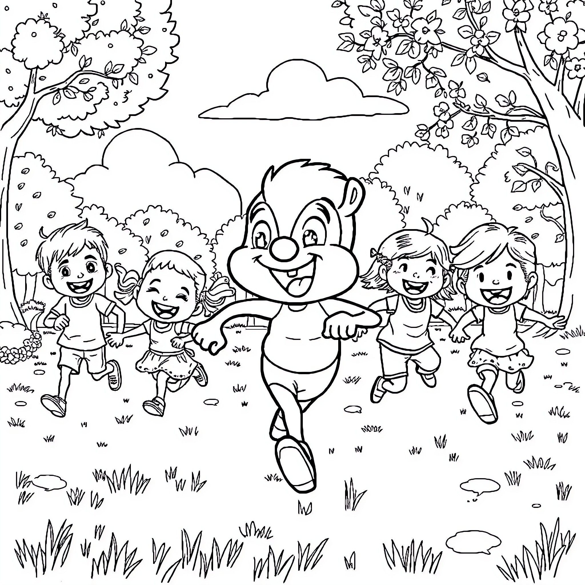Labubu and Friends Enjoying the Outdoors Coloring Page (free black-and-white line drawing printable PDF for all, from beginners to advanced learners, including children, teens, adults, and seniors)