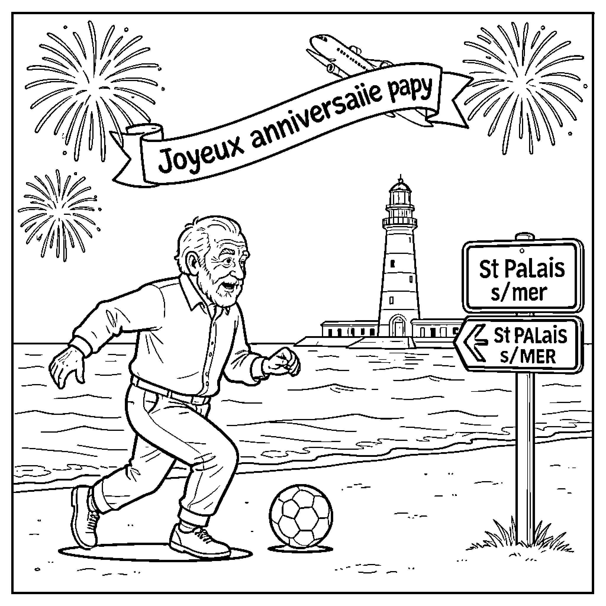 Homme jouant au football sur une plage Coloring Page (free black-and-white line drawing printable PDF for all, from beginners to advanced learners, including children, teens, adults, and seniors)