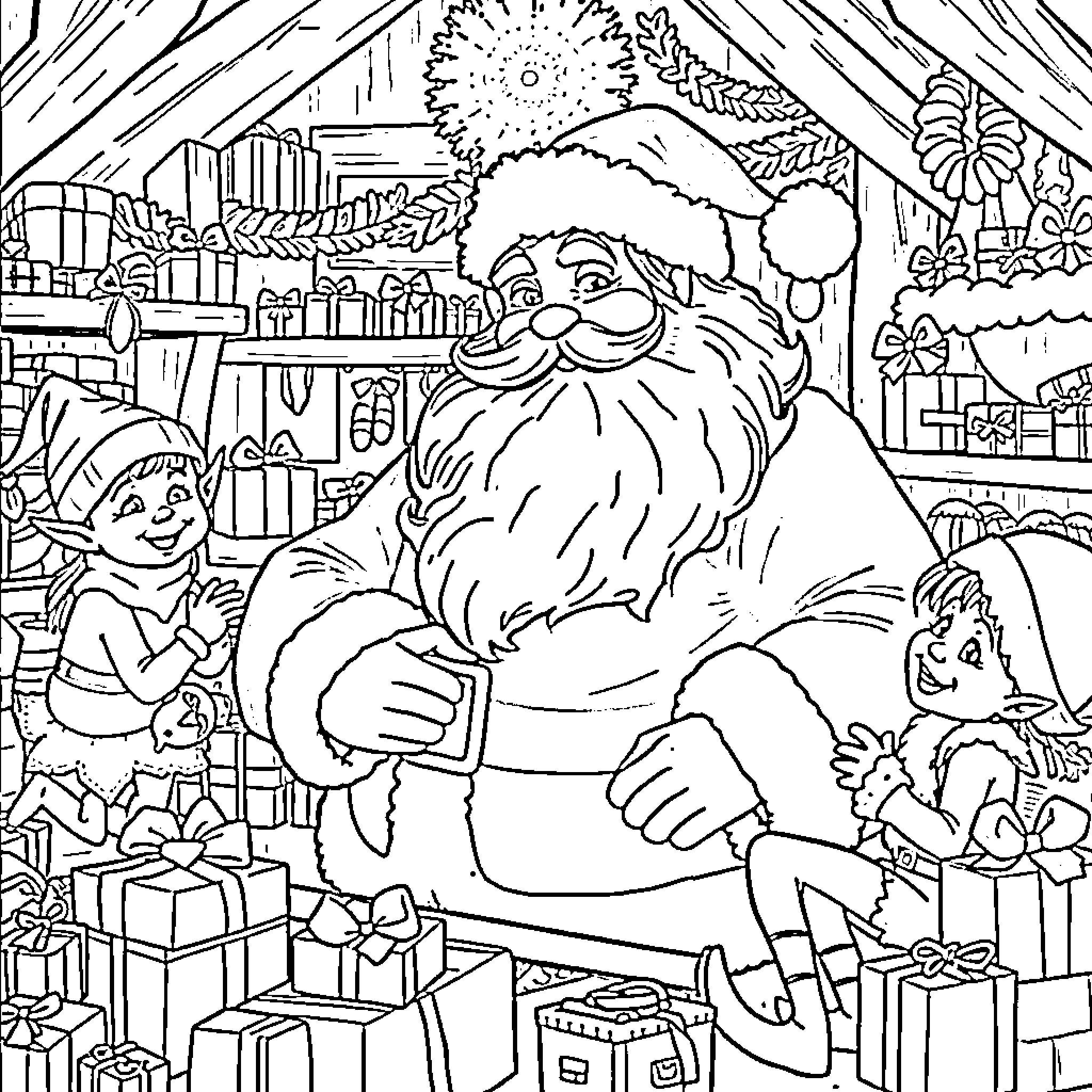Santa Claus delivering presents to children on Christmas Coloring Page (free black-and-white line drawing printable PDF for all, from beginners to advanced learners, including children, teens, adults, and seniors)