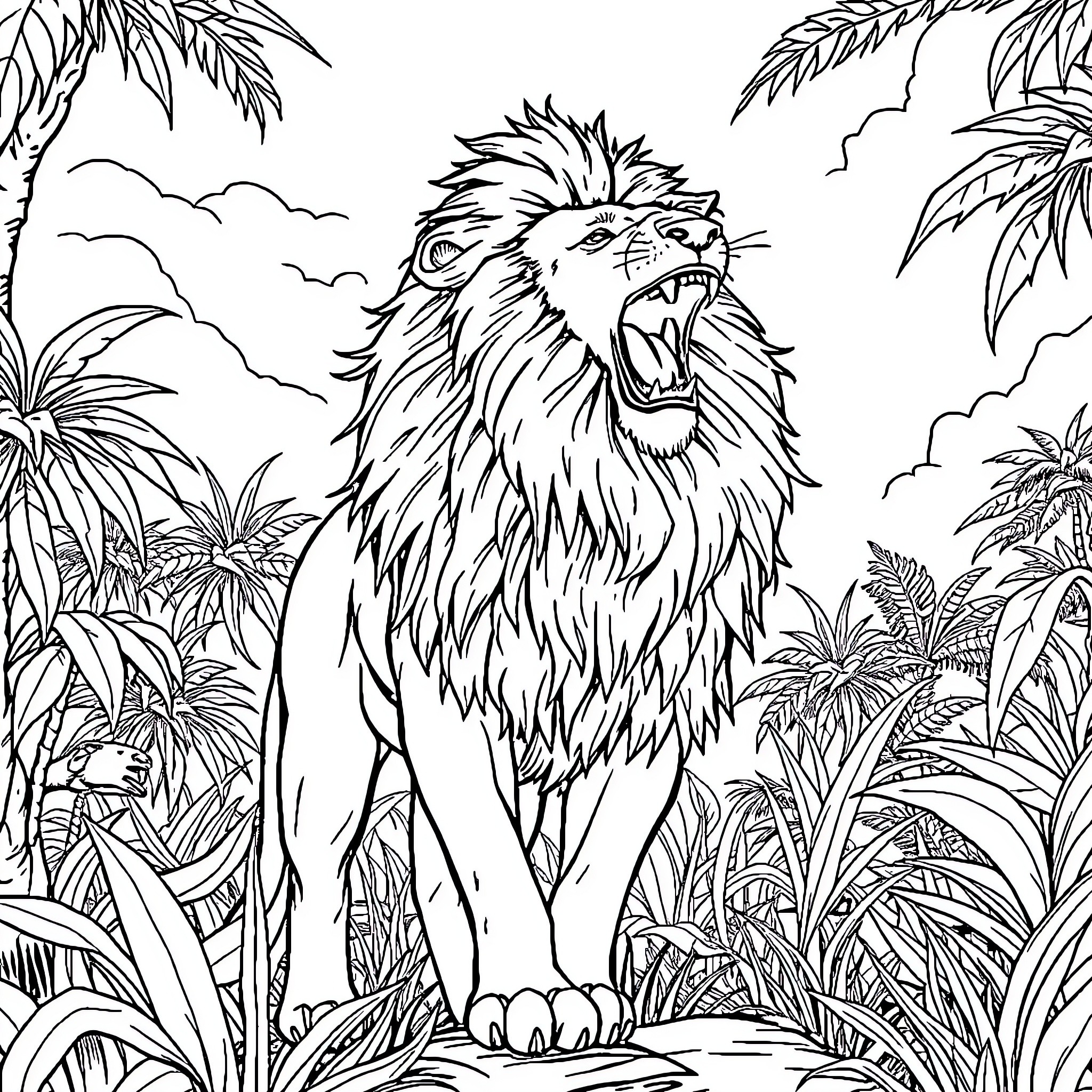 Lion roaring in the lush jungle landscape Coloring Page (free black-and-white line drawing printable PDF for all, from beginners to advanced learners, including children, teens, adults, and seniors)