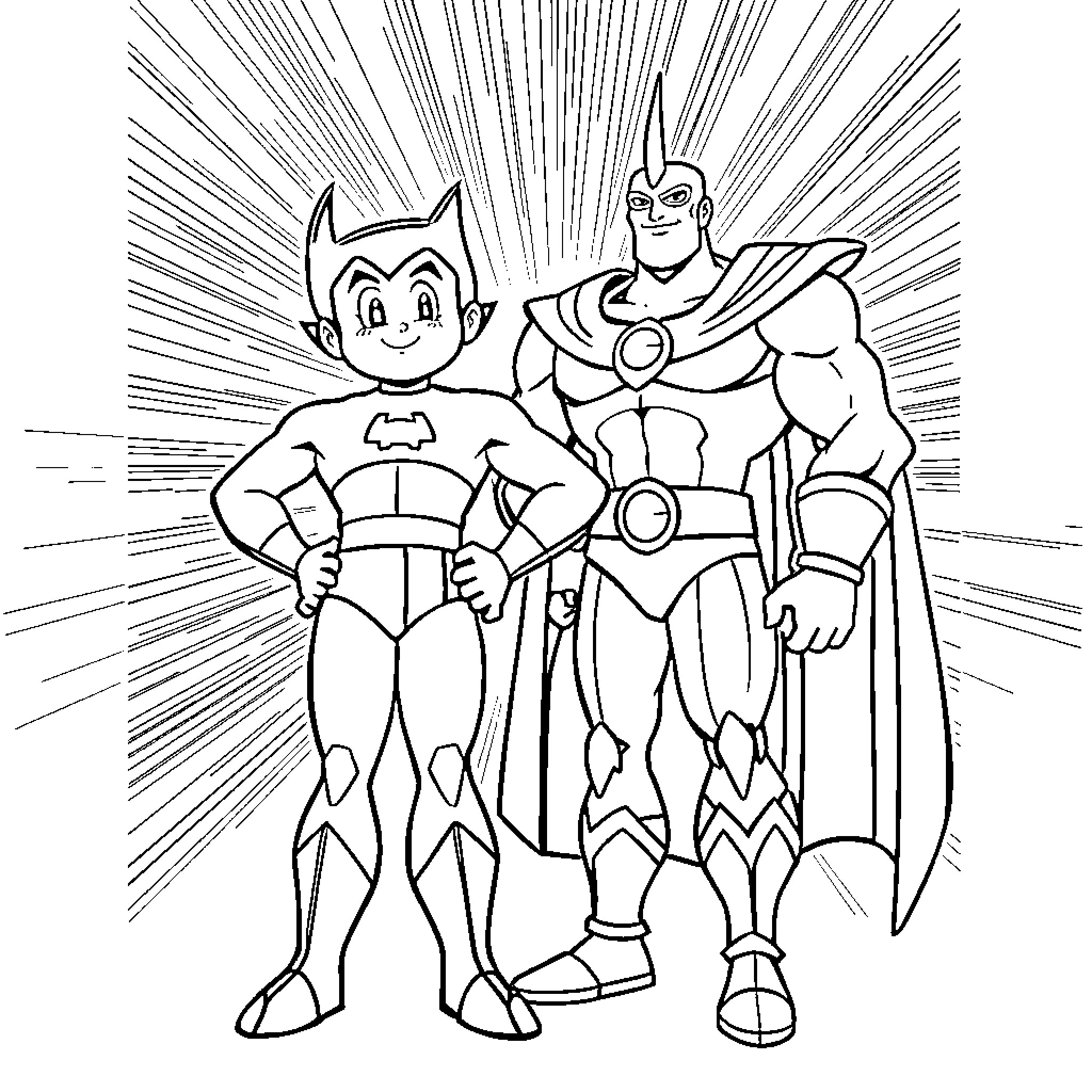 Astro Boy and superhero team up for action Coloring Page (free black-and-white line drawing printable PDF for all, from beginners to advanced learners, including children, teens, adults, and seniors)