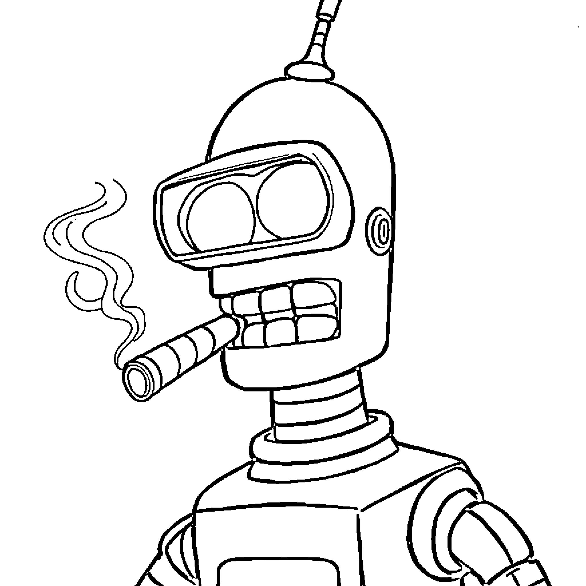 Bender's comical robotic antics Coloring Page (free black-and-white line drawing printable PDF for all, from beginners to advanced learners, including children, teens, adults, and seniors)