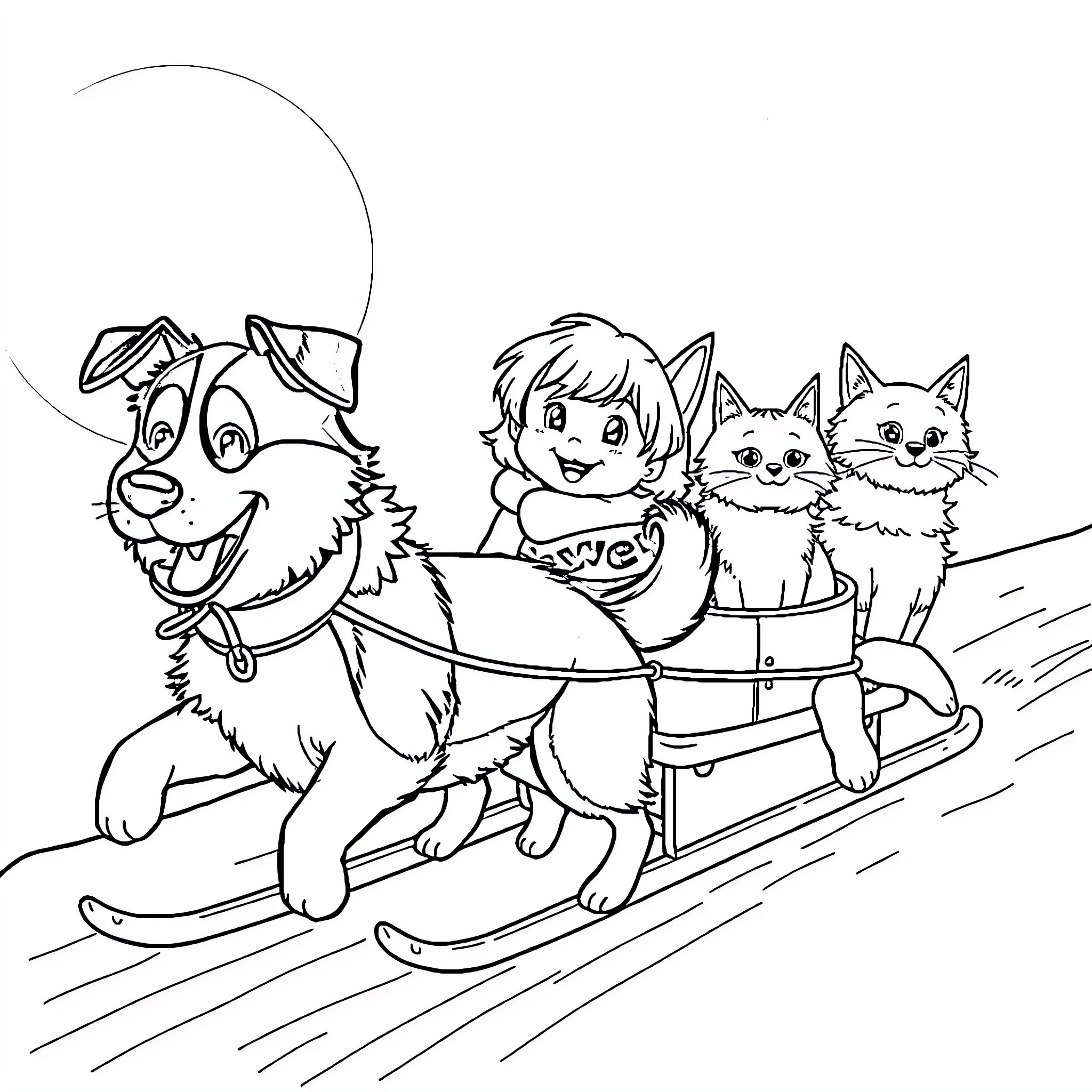 Dog sled team carrying happy children and pets Coloring Page (free black-and-white line drawing printable PDF for all, from beginners to advanced learners, including children, teens, adults, and seniors)