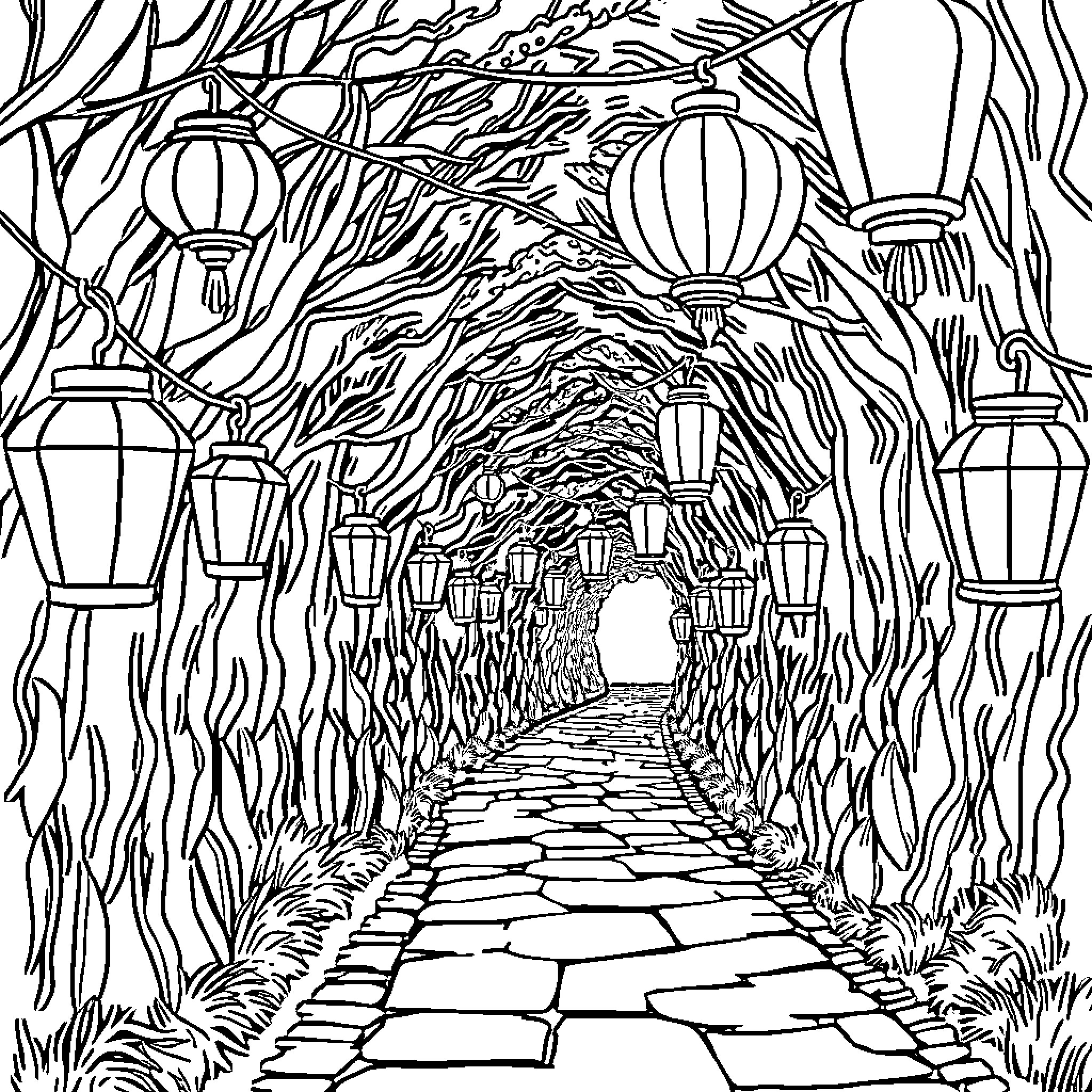 Tunnel of Lanterns and Foliage Coloring Page (free black-and-white line drawing printable PDF for all, from beginners to advanced learners, including children, teens, adults, and seniors)