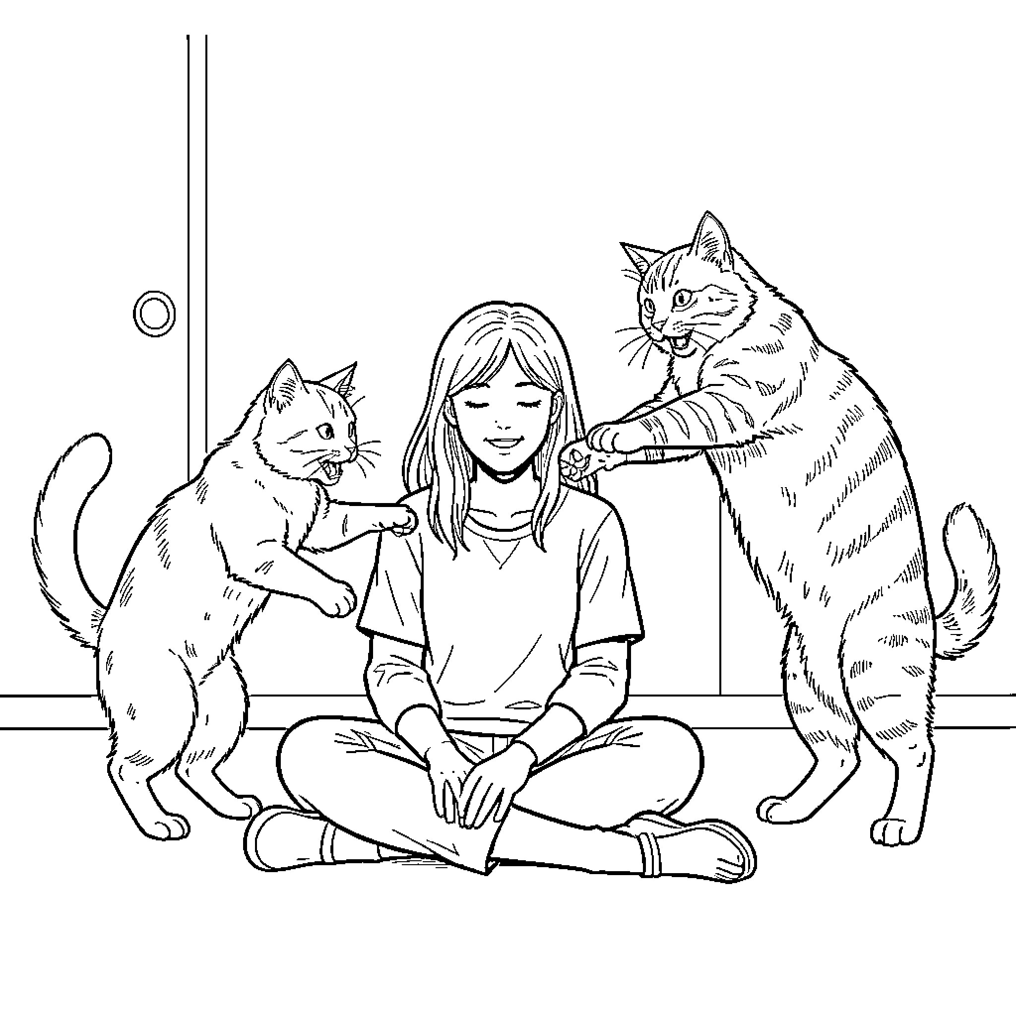 Cat jumping playfully around a seated girl Coloring Page (free black-and-white line drawing printable PDF for all, from beginners to advanced learners, including children, teens, adults, and seniors)