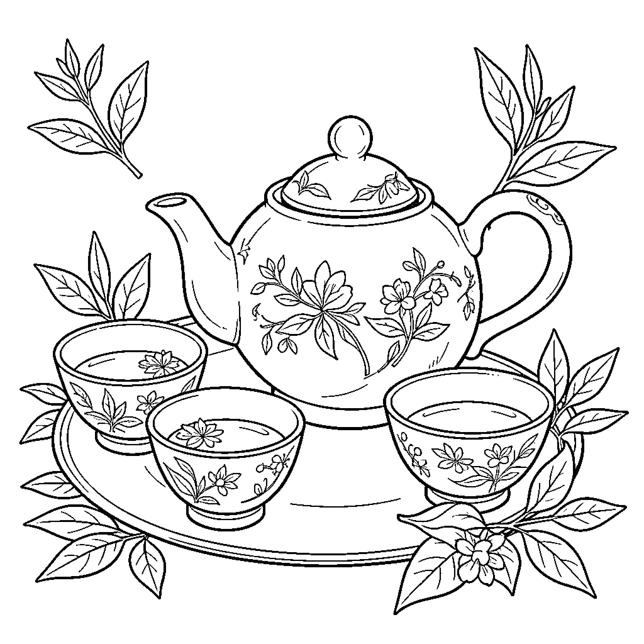 Gongfu Tea: Elegant Teapot and Cups with Floral Designs Coloring Page (free black-and-white line drawing printable PDF for all, from beginners to advanced learners, including children, teens, adults, and seniors)