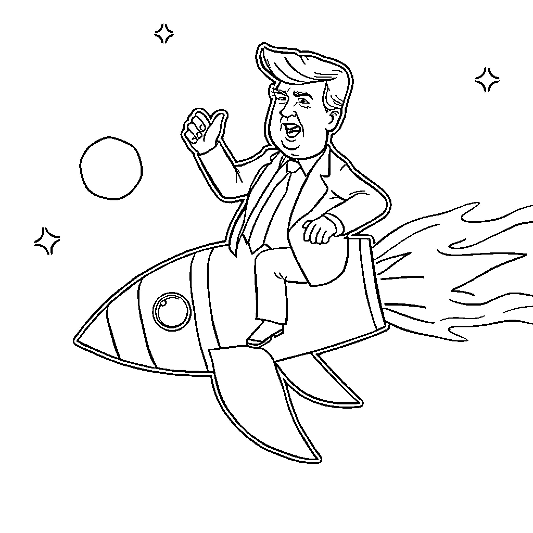 Donald Trump Riding a Rocket Ship into Space Coloring Page (free black-and-white line drawing printable PDF for all, from beginners to advanced learners, including children, teens, adults, and seniors)