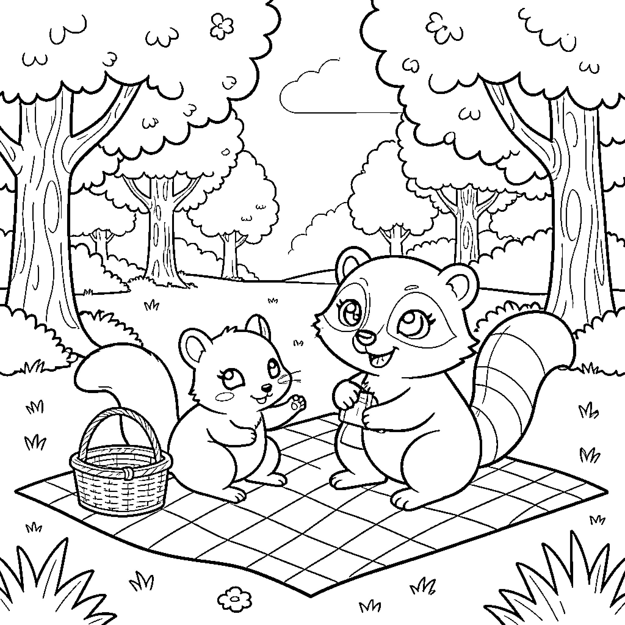 Squirrels enjoying a picnic in the forest Coloring Page (free black-and-white line drawing printable PDF for all, from beginners to advanced learners, including children, teens, adults, and seniors)