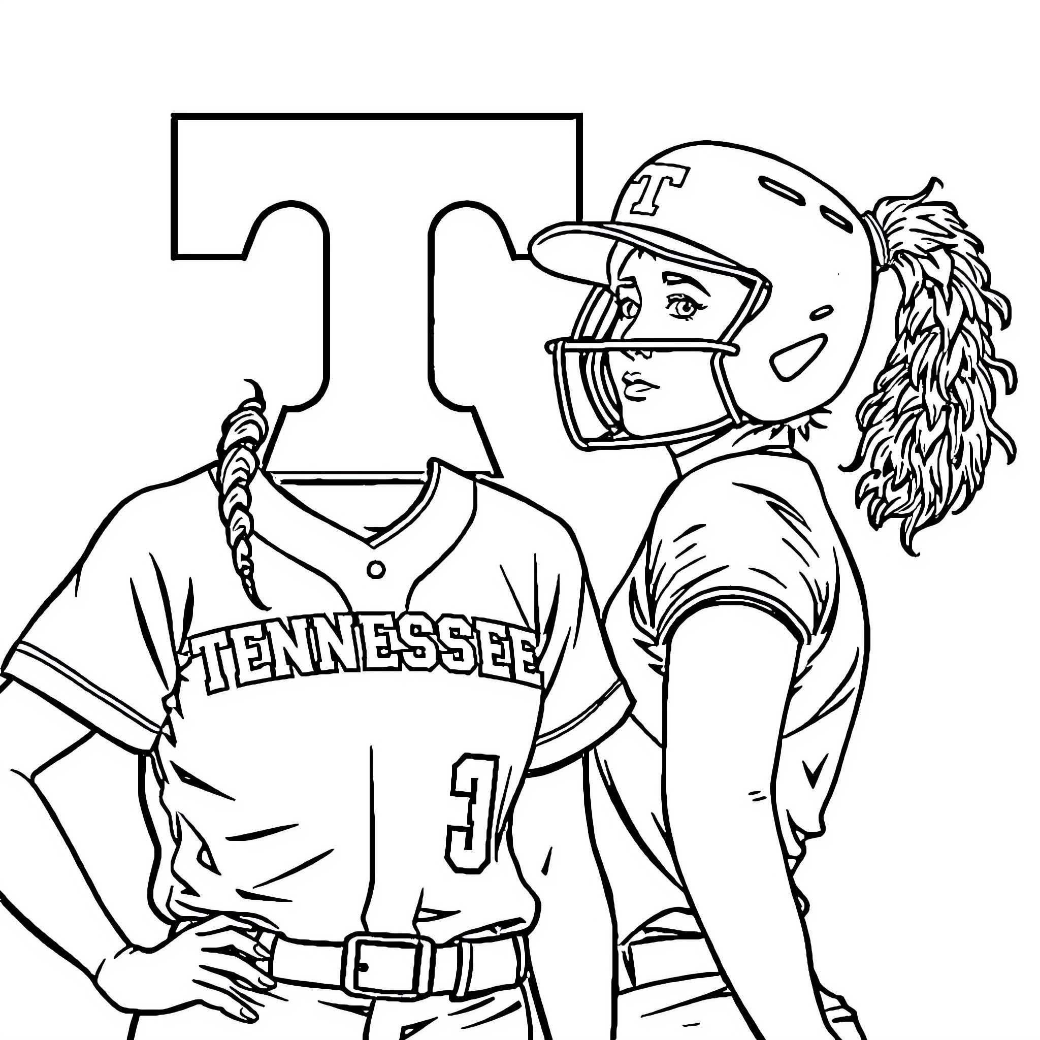 Softball players in Tennessee uniforms Coloring Page (free black-and-white line drawing printable PDF for all, from beginners to advanced learners, including children, teens, adults, and seniors)