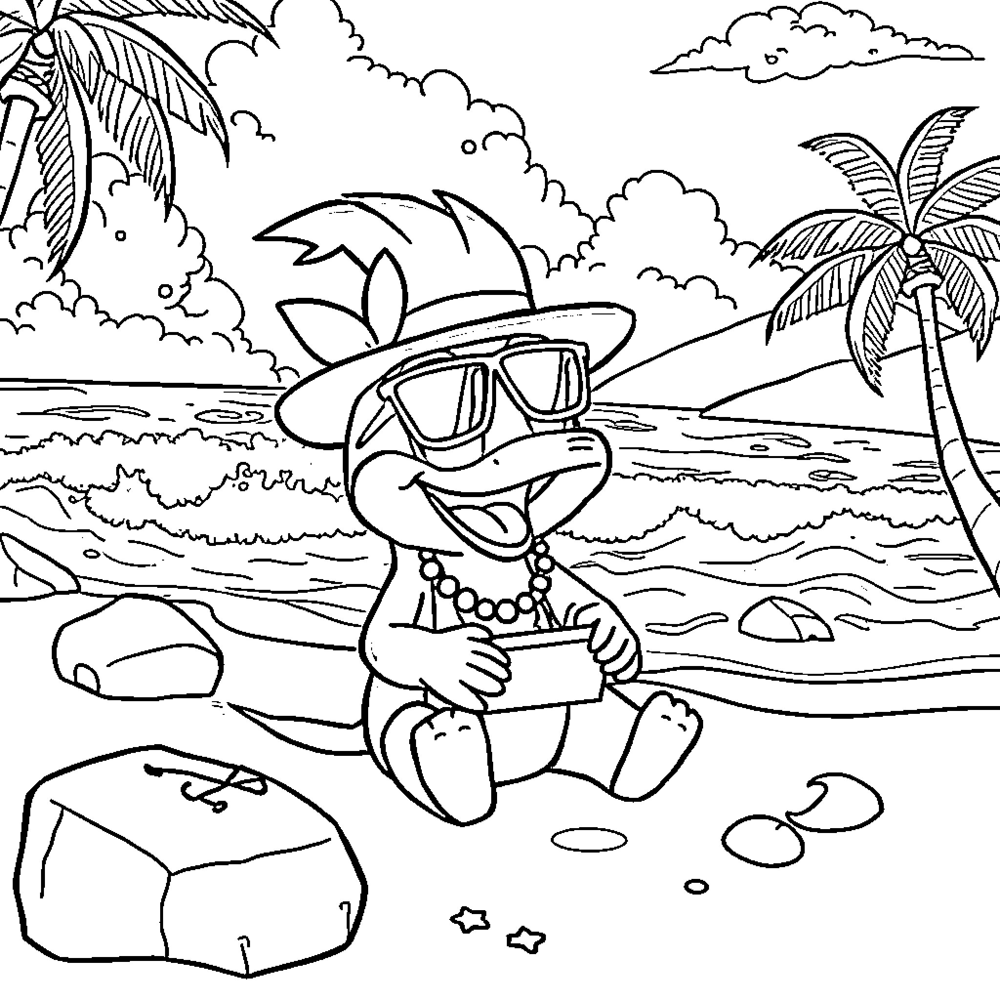 Platypus relaxing on the beach Coloring Page (free black-and-white line drawing printable PDF for all, from beginners to advanced learners, including children, teens, adults, and seniors)