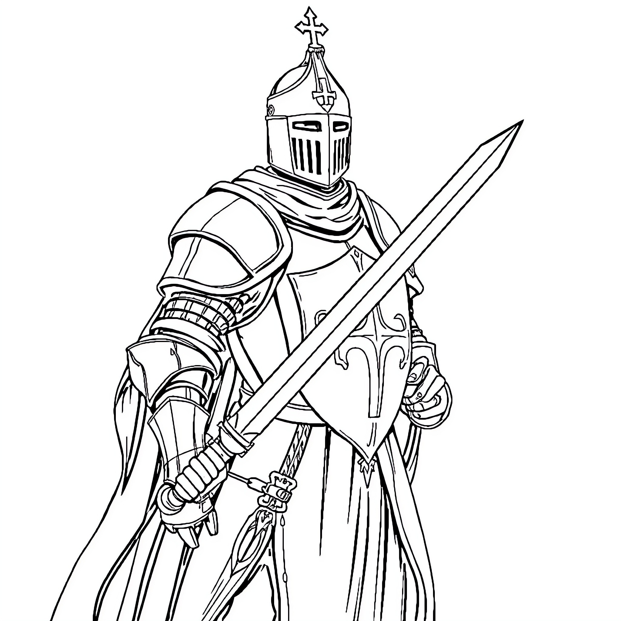 Crusader knight in full armor with sword and shield Coloring Page (free black-and-white line drawing printable PDF for all, from beginners to advanced learners, including children, teens, adults, and seniors)