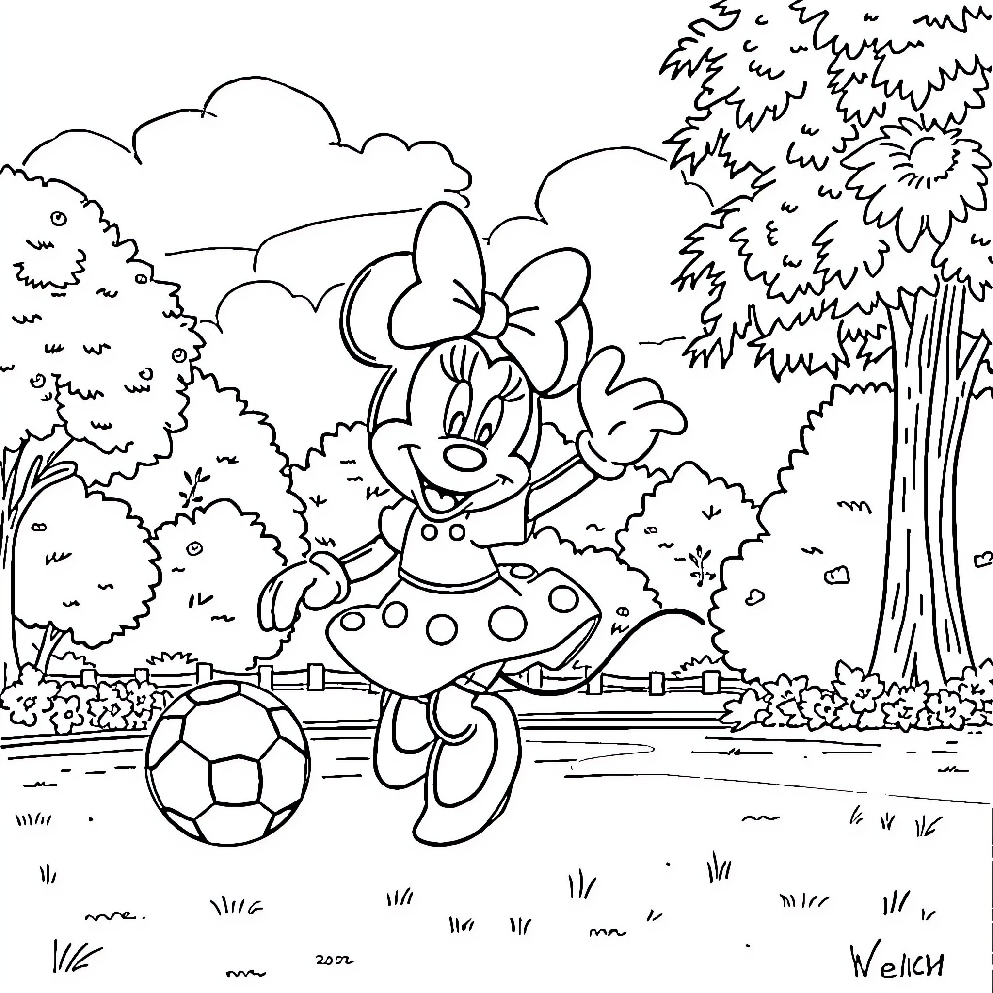 Minnie Mouse enjoying a sunny day with her soccer ball Coloring Page (free black-and-white line drawing printable PDF for all, from beginners to advanced learners, including children, teens, adults, and seniors)