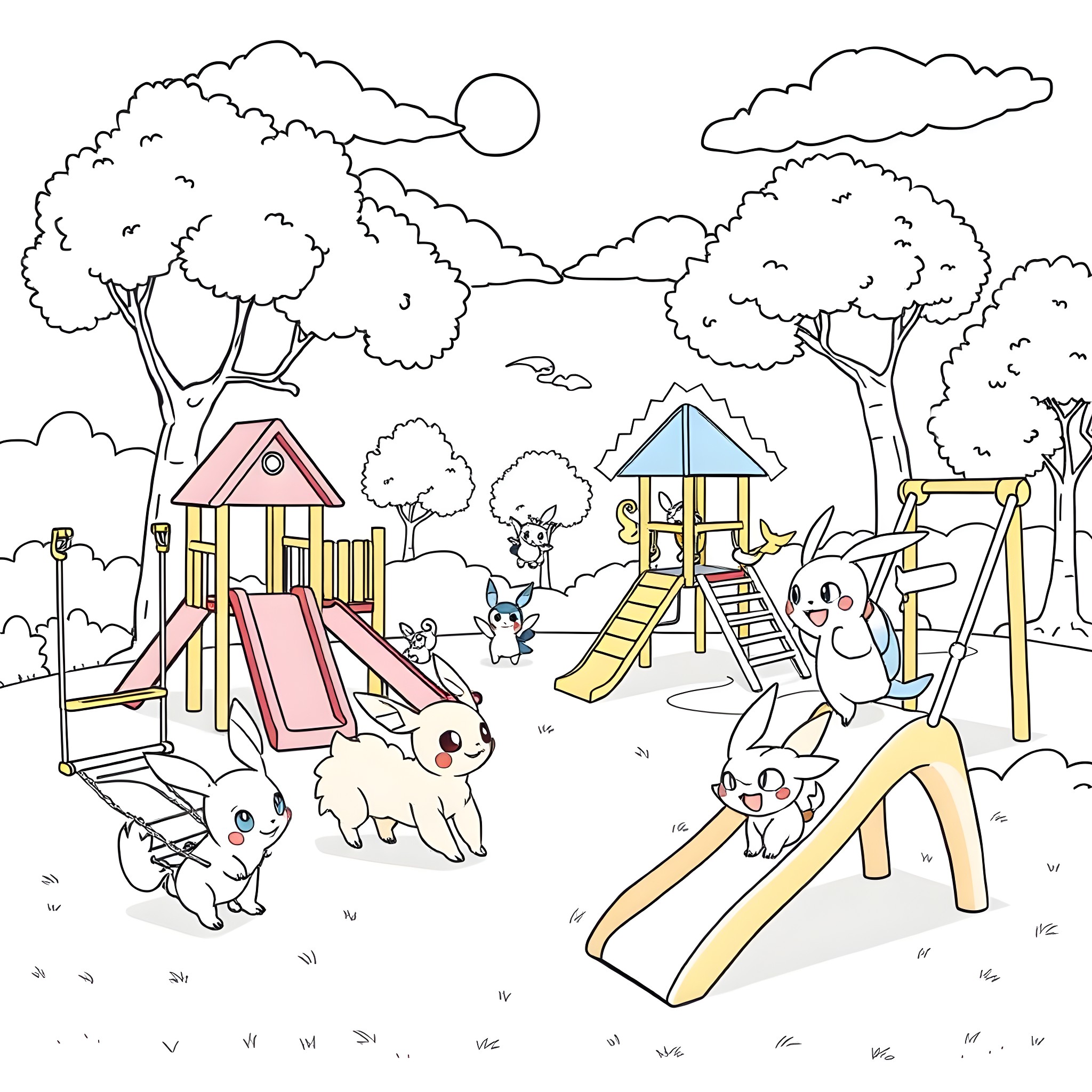 Pokémon playing in the playground Coloring Page (free black-and-white line drawing printable PDF for all, from beginners to advanced learners, including children, teens, adults, and seniors)