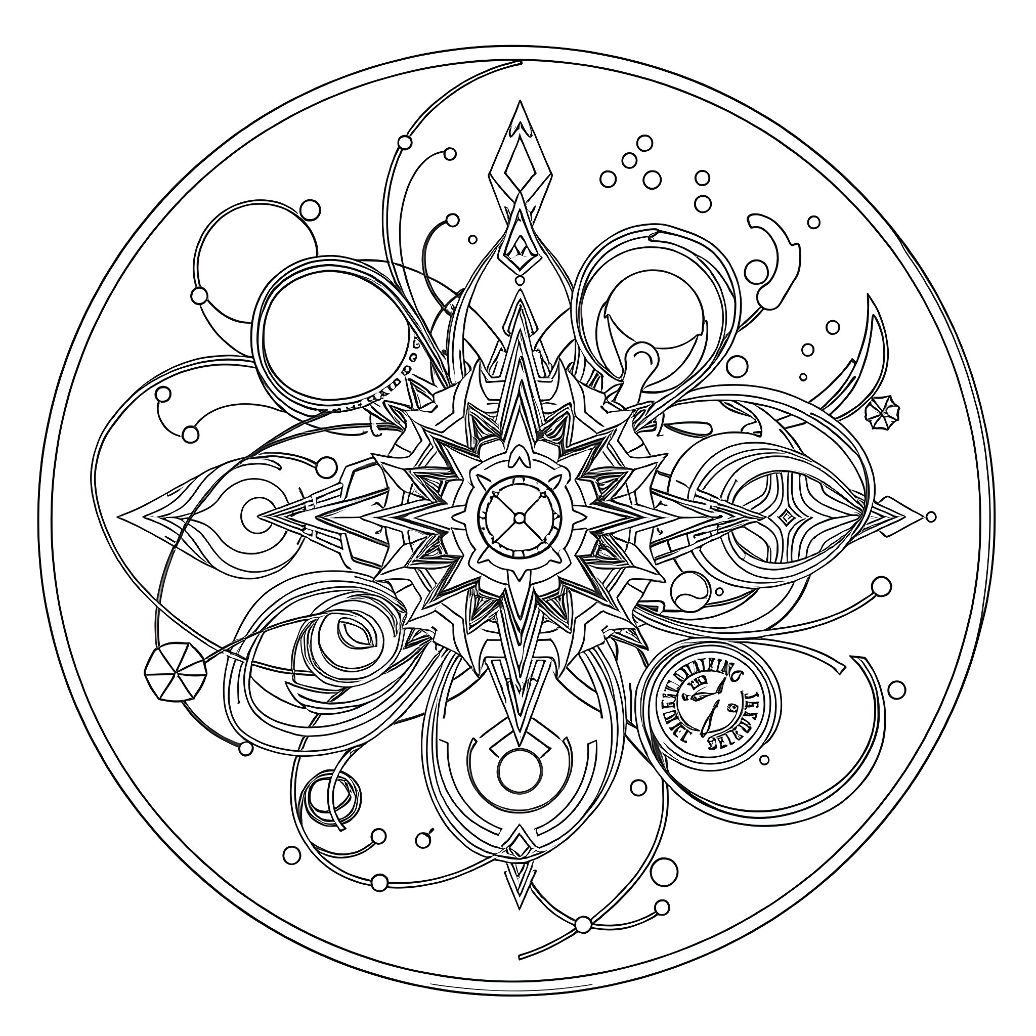 Futuristic Pattern of Geometric Shapes and Symbols Coloring Page (free black-and-white line drawing printable PDF for all, from beginners to advanced learners, including children, teens, adults, and seniors)