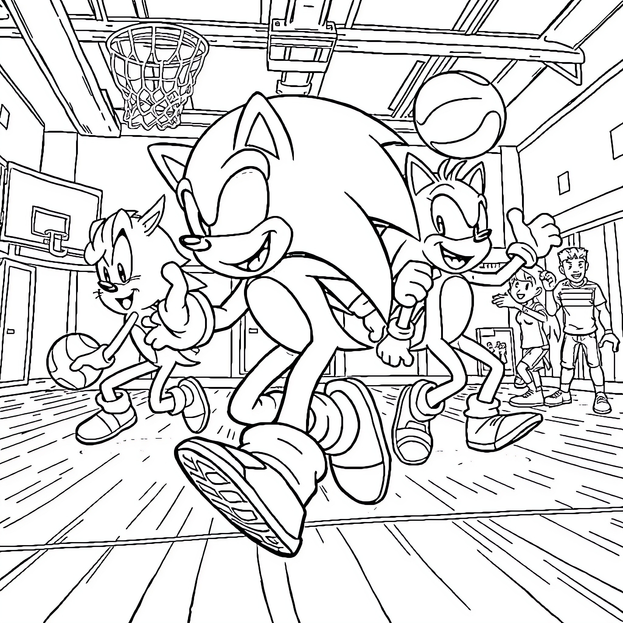 Sonic and Friends in Lively Basketball Game Coloring Page (free black-and-white line drawing printable PDF for all, from beginners to advanced learners, including children, teens, adults, and seniors)