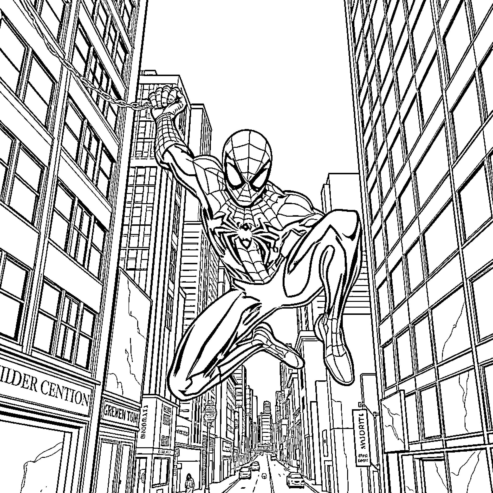 Spiderman swinging through the cityscape Coloring Page (free black-and-white line drawing printable PDF for all, from beginners to advanced learners, including children, teens, adults, and seniors)