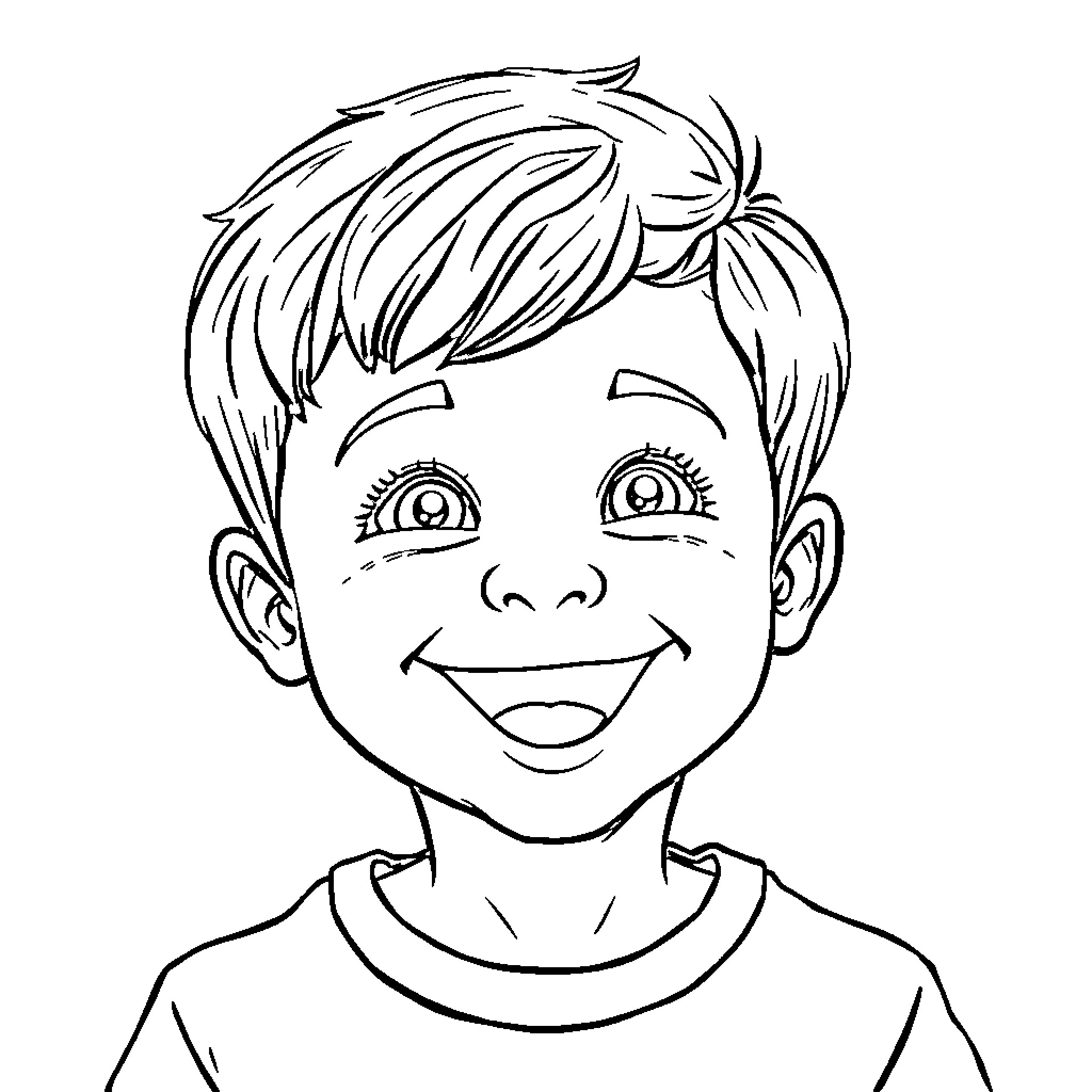 Boy's happy and cheerful expression Coloring Page (free black-and-white line drawing printable PDF for all, from beginners to advanced learners, including children, teens, adults, and seniors)