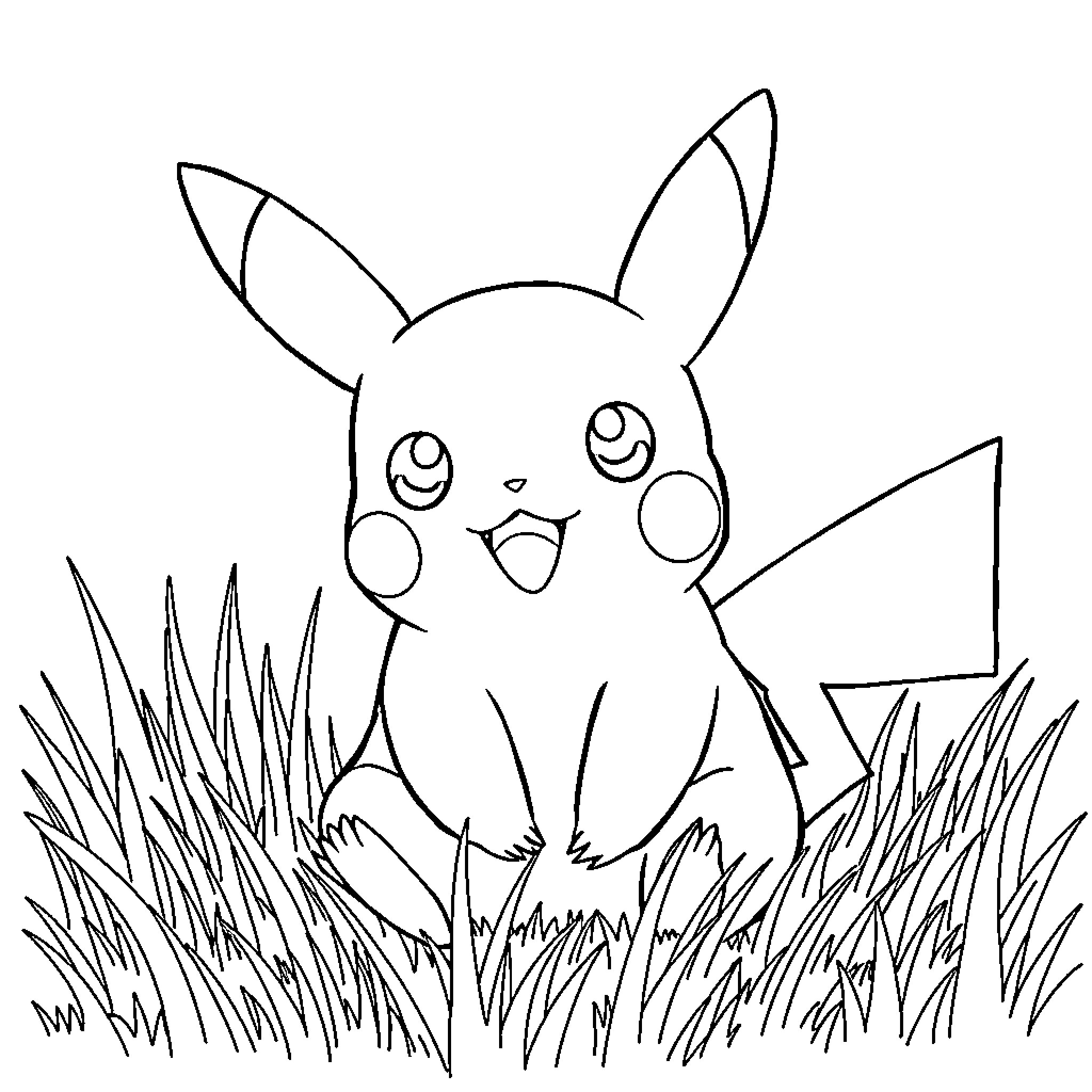 Pikachu playing happily in the grass Coloring Page (free black-and-white line drawing printable PDF for all, from beginners to advanced learners, including children, teens, adults, and seniors)