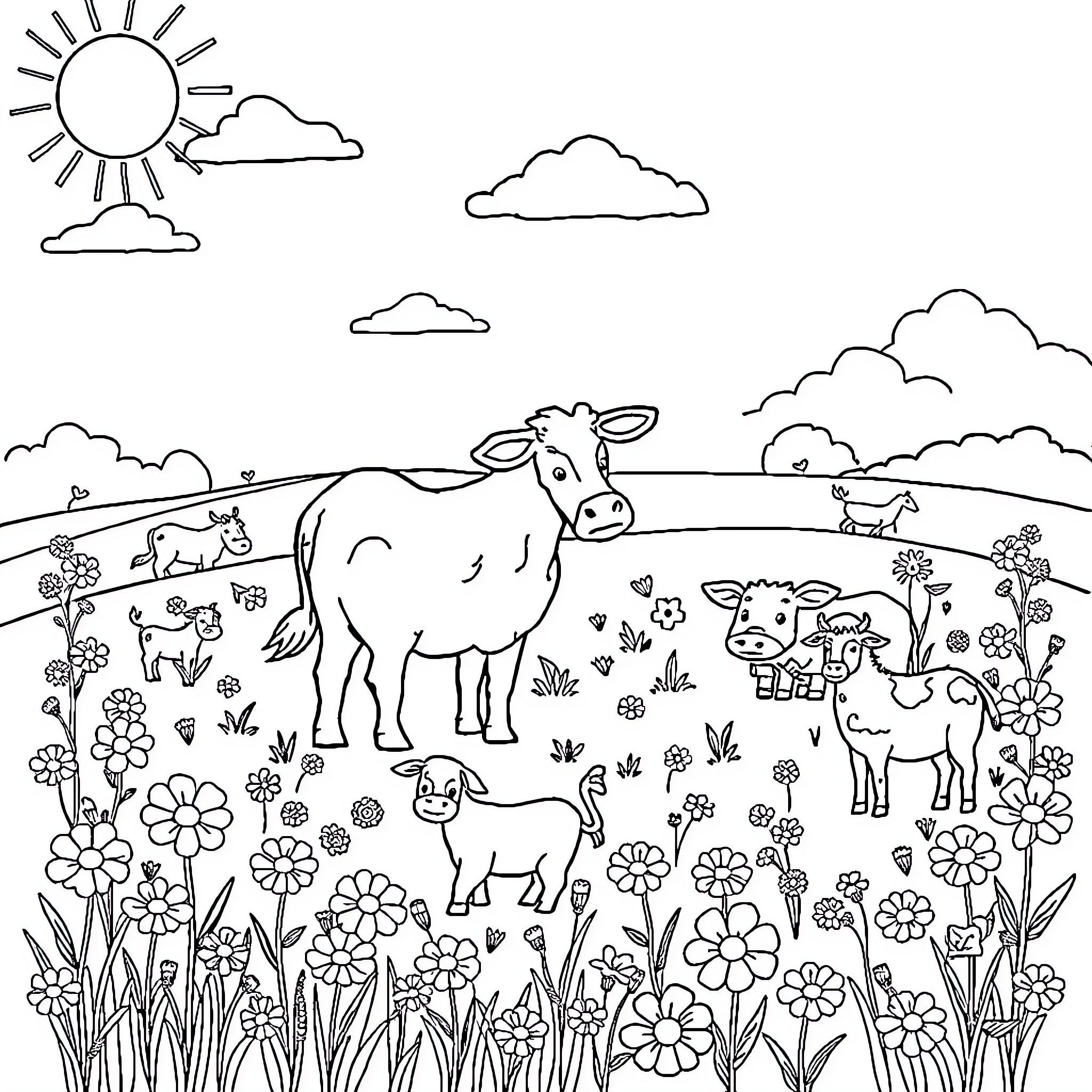Farm Animals Grazing in Flower-Filled Meadow Coloring Page (free black-and-white line drawing printable PDF for all, from beginners to advanced learners, including children, teens, adults, and seniors)