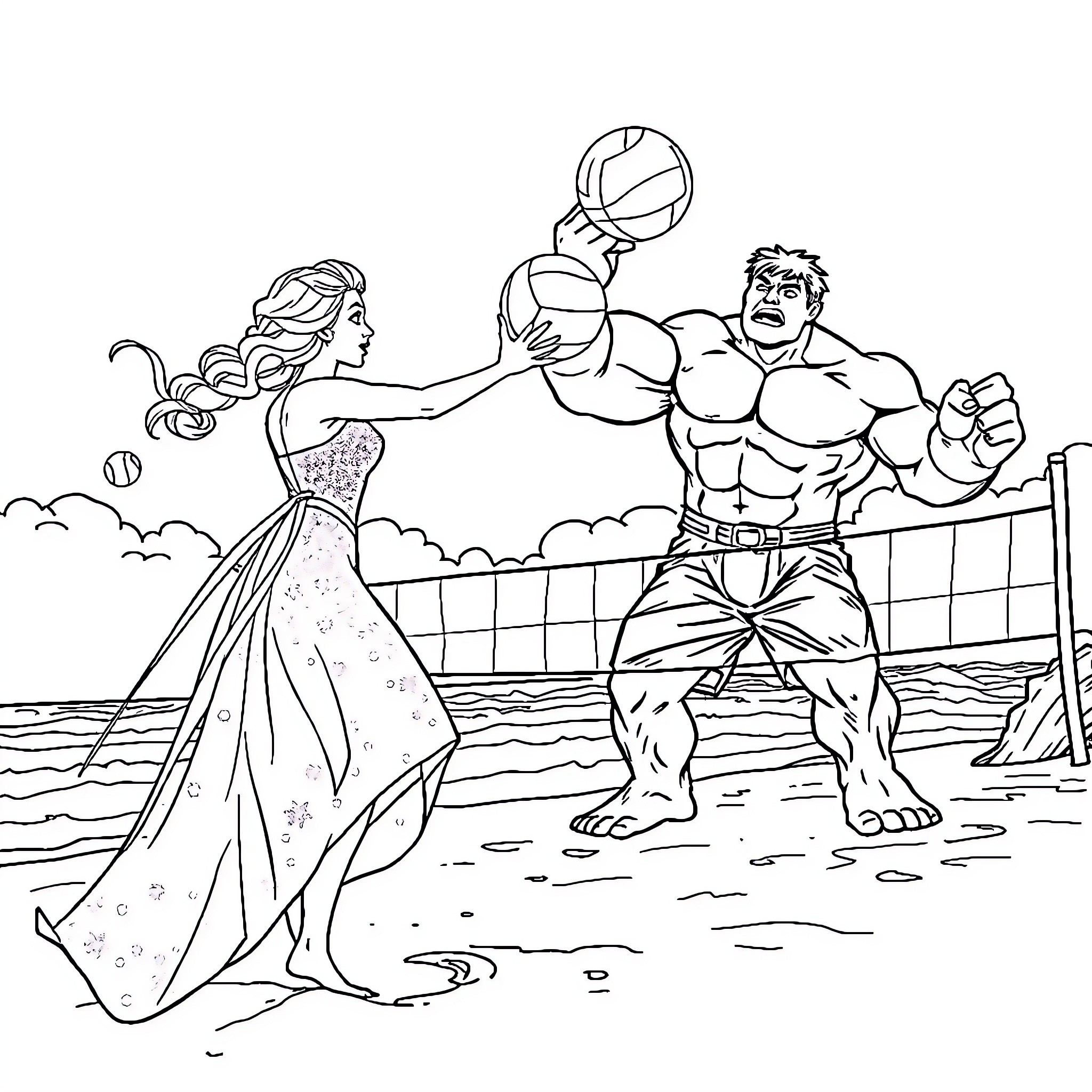 Elsa and the Muscular Athlete Playing Volleyball Coloring Page (free black-and-white line drawing printable PDF for all, from beginners to advanced learners, including children, teens, adults, and seniors)