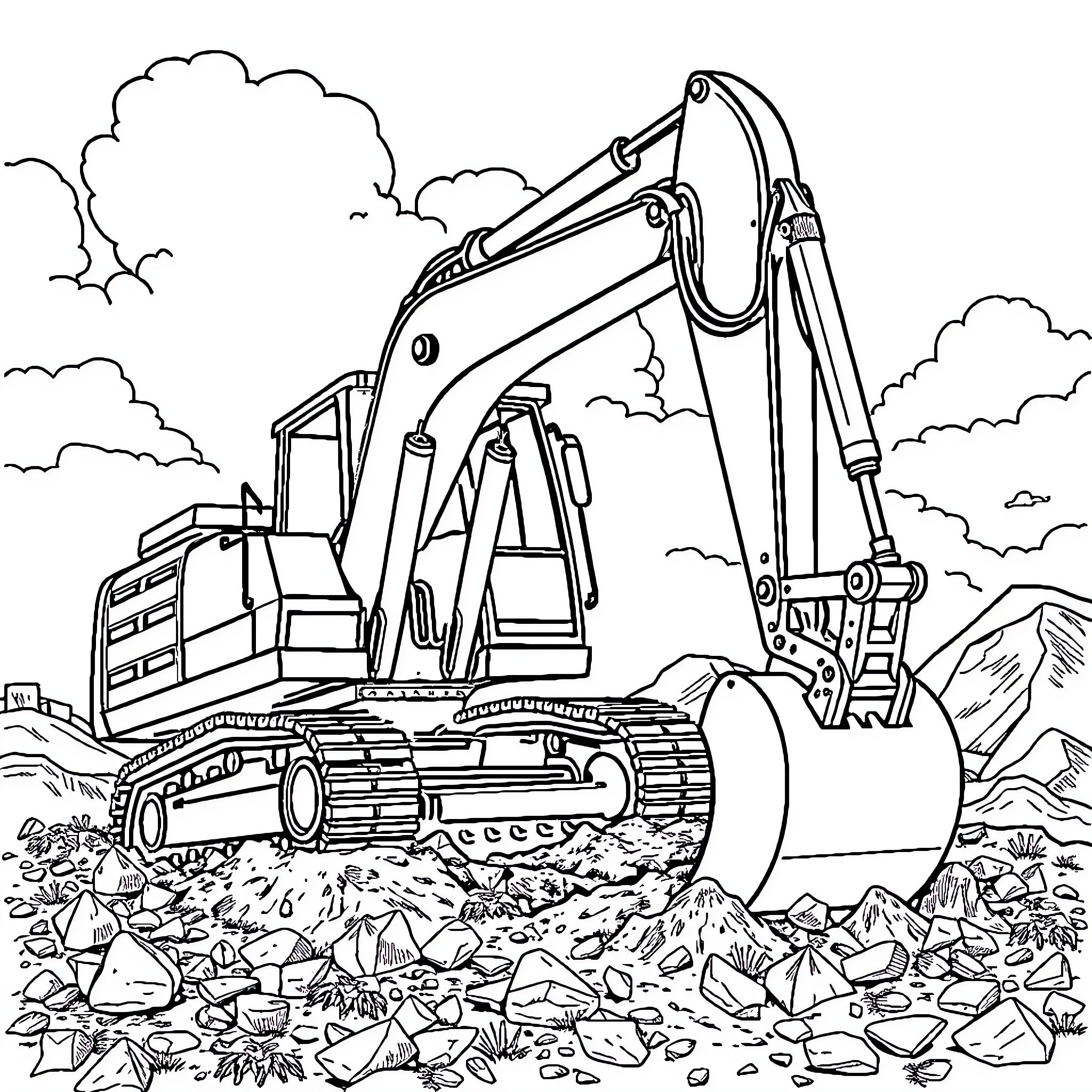 Excavator digging in construction site Coloring Page (free black-and-white line drawing printable PDF for all, from beginners to advanced learners, including children, teens, adults, and seniors)