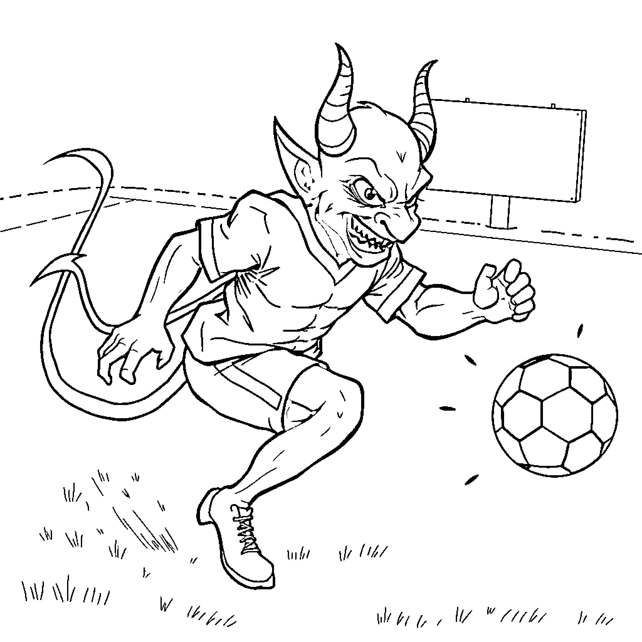 Devil's Wicked Soccer Antics Coloring Page (free black-and-white line drawing printable PDF for all, from beginners to advanced learners, including children, teens, adults, and seniors)