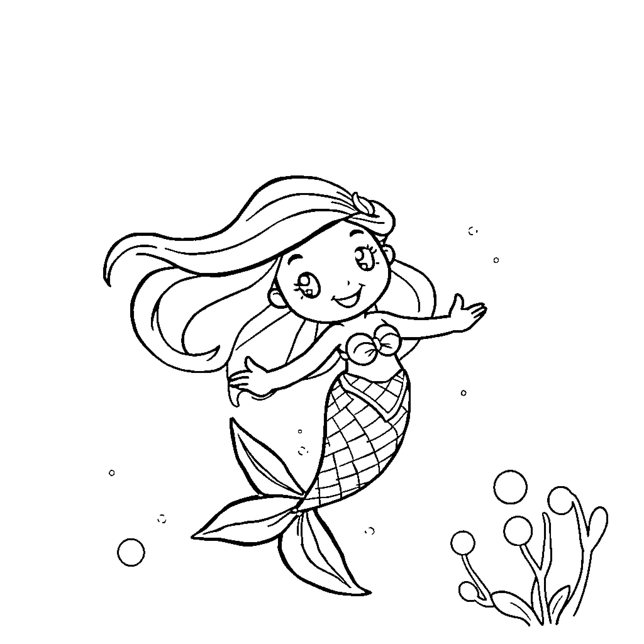 Mermaid joyfully swimming through the ocean Coloring Page (free black-and-white line drawing printable PDF for all, from beginners to advanced learners, including children, teens, adults, and seniors)
