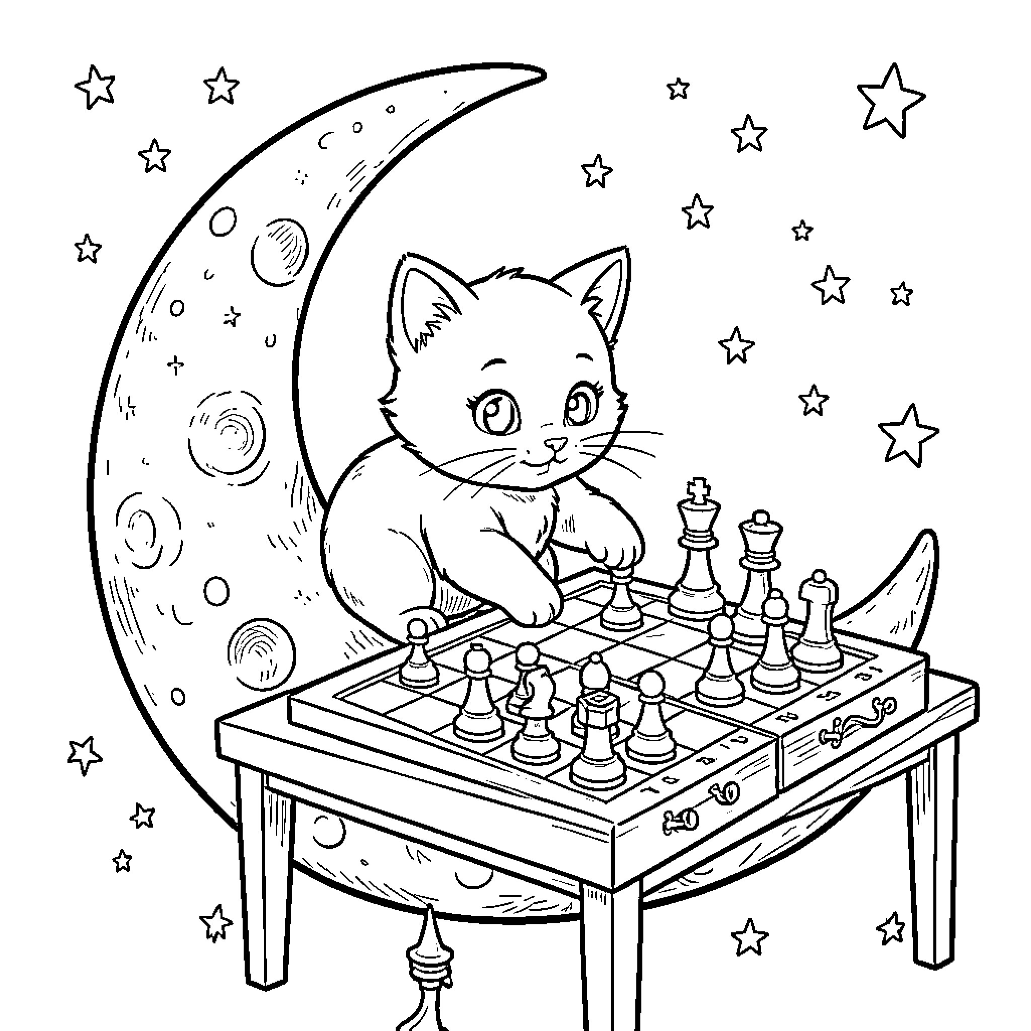 Cat playing chess under the stars Coloring Page (free black-and-white line drawing printable PDF for all, from beginners to advanced learners, including children, teens, adults, and seniors)