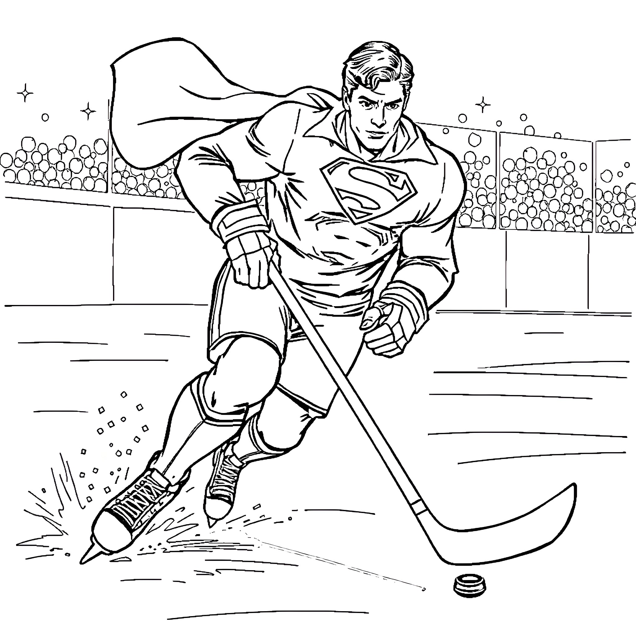 Superman Hockey Player in Action Coloring Page (free black-and-white line drawing printable PDF for all, from beginners to advanced learners, including children, teens, adults, and seniors)