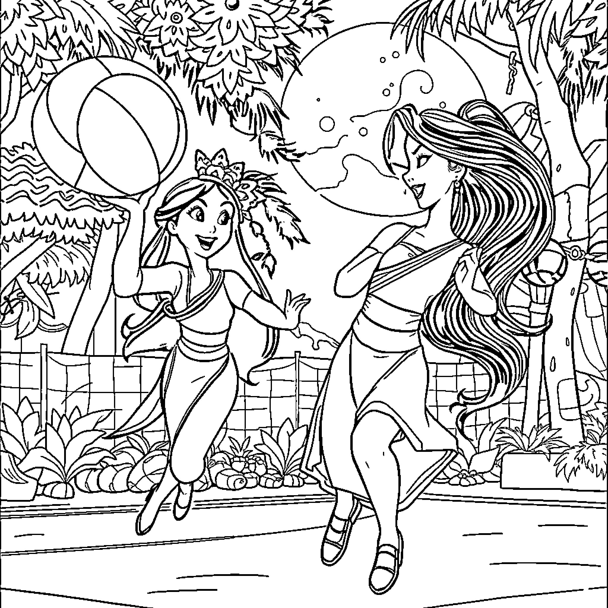 Mulan playing ball with friends in the park Coloring Page (free black-and-white line drawing printable PDF for all, from beginners to advanced learners, including children, teens, adults, and seniors)