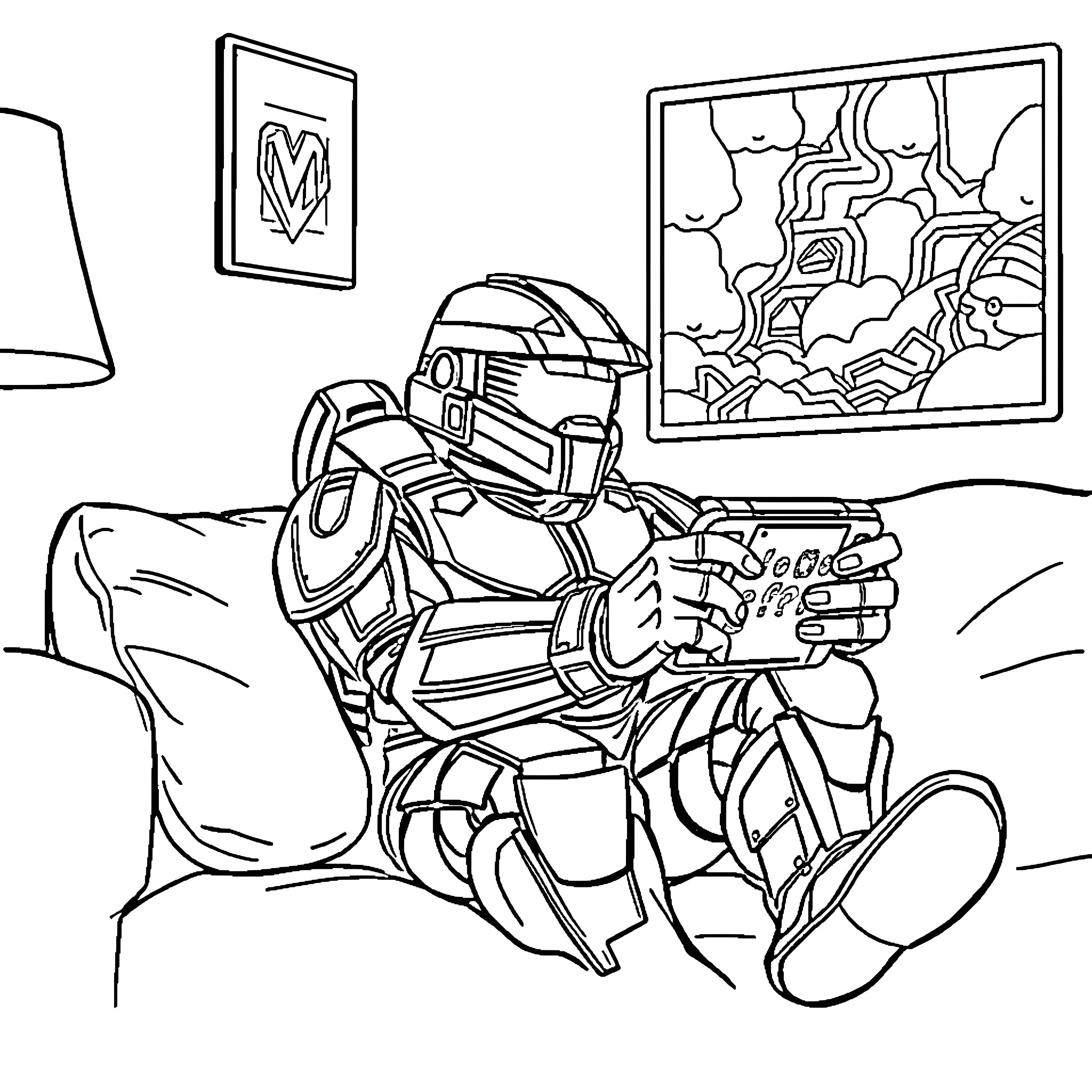 Master Chief relaxing and playing video game Coloring Page (free black-and-white line drawing printable PDF for all, from beginners to advanced learners, including children, teens, adults, and seniors)