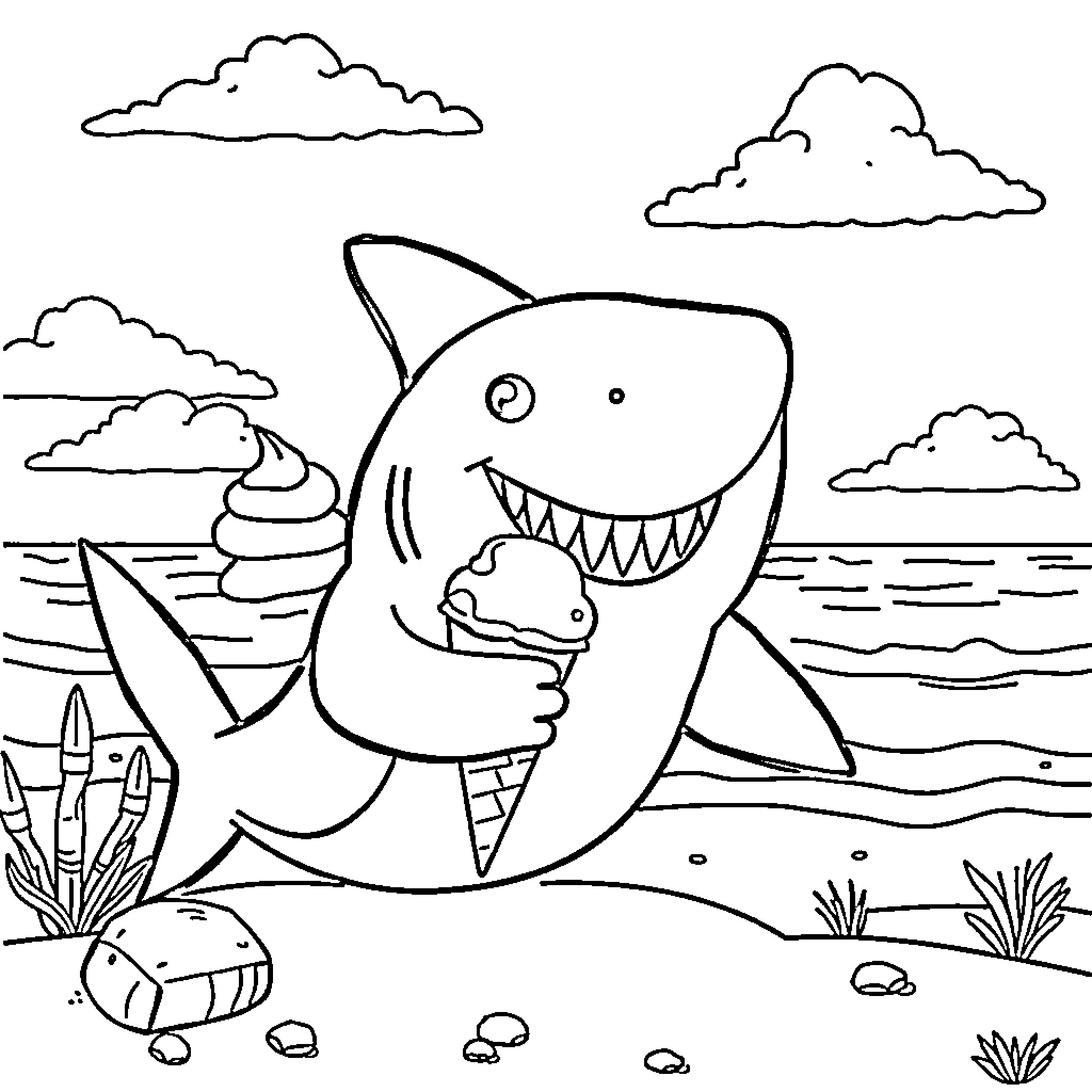 Shark having fun at the beach Coloring Page (free black-and-white line drawing printable PDF for all, from beginners to advanced learners, including children, teens, adults, and seniors)