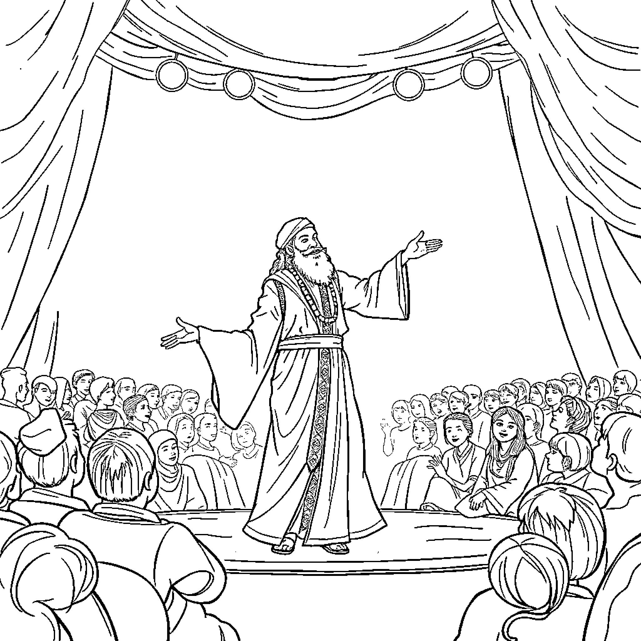 Rumi reciting poetry before an audience Coloring Page (free black-and-white line drawing printable PDF for all, from beginners to advanced learners, including children, teens, adults, and seniors)