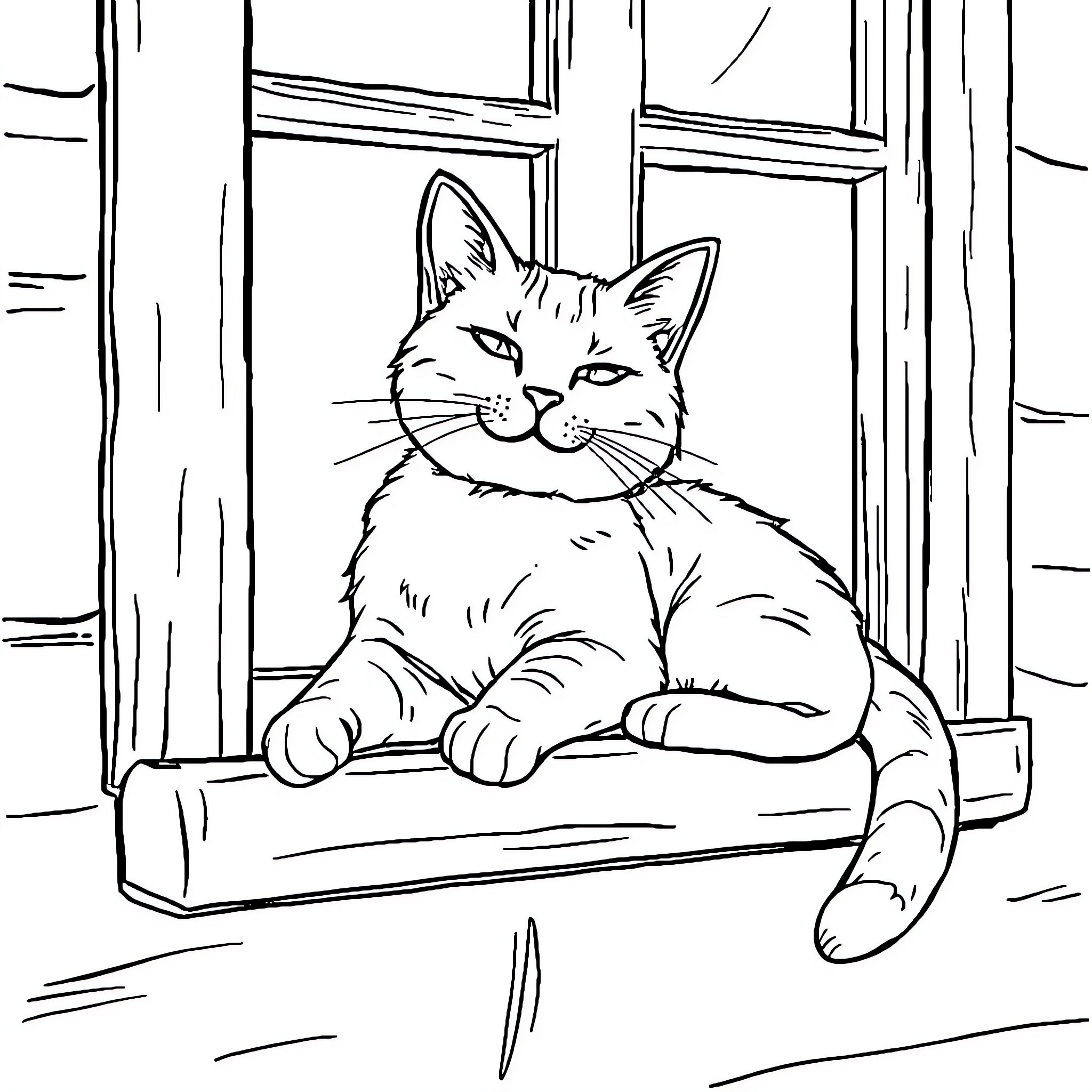 Cat relaxing on window sill Coloring Page (free black-and-white line drawing printable PDF for all, from beginners to advanced learners, including children, teens, adults, and seniors)