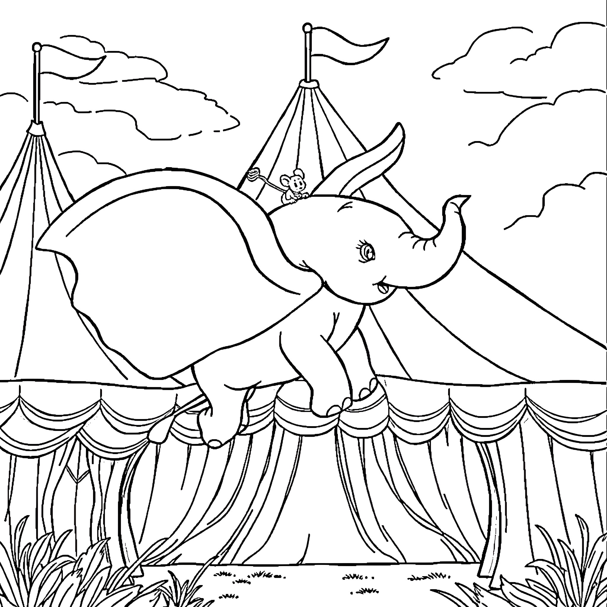 Dumbo the elephant performs at the circus Coloring Page (free black-and-white line drawing printable PDF for all, from beginners to advanced learners, including children, teens, adults, and seniors)