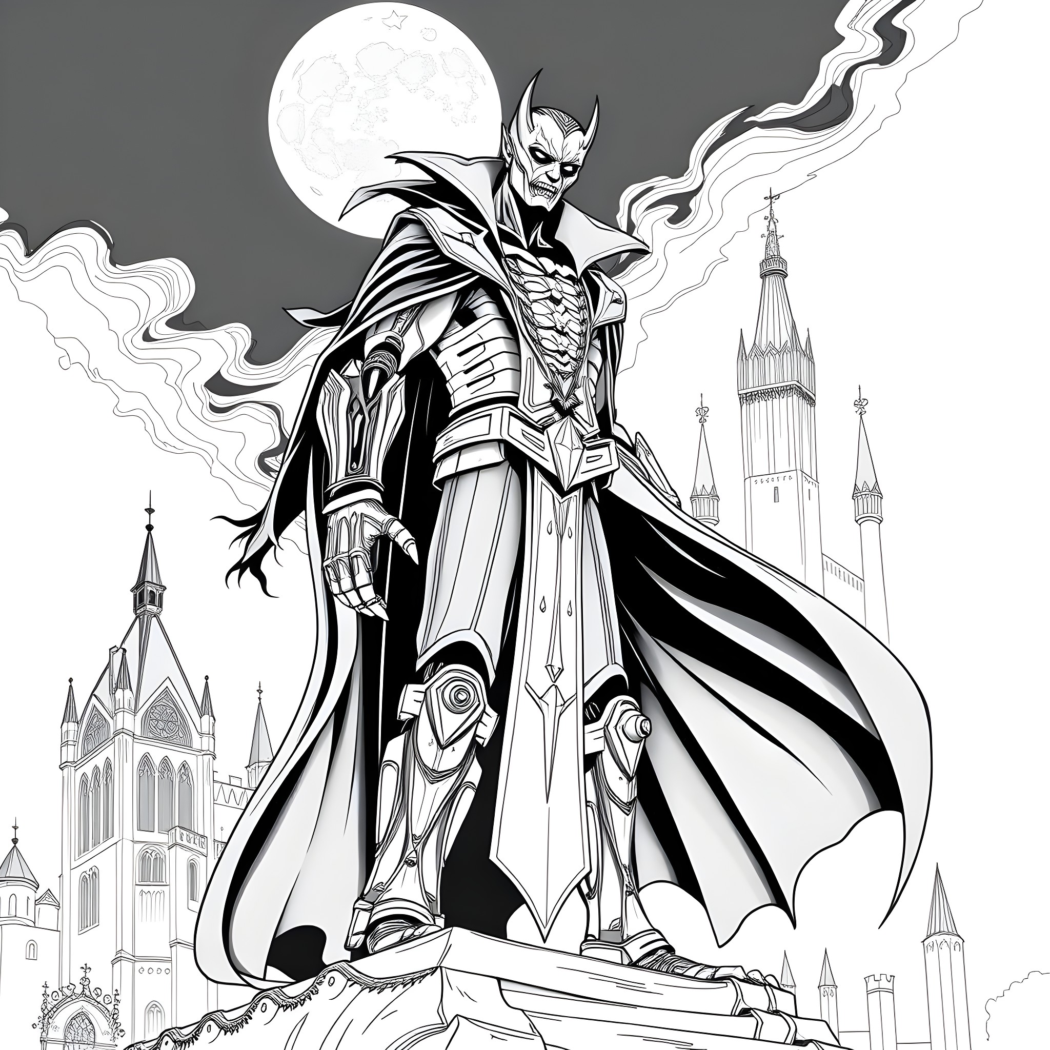 Mecha Dracula standing tall in a gothic city Coloring Page (free black-and-white line drawing printable PDF for all, from beginners to advanced learners, including children, teens, adults, and seniors)