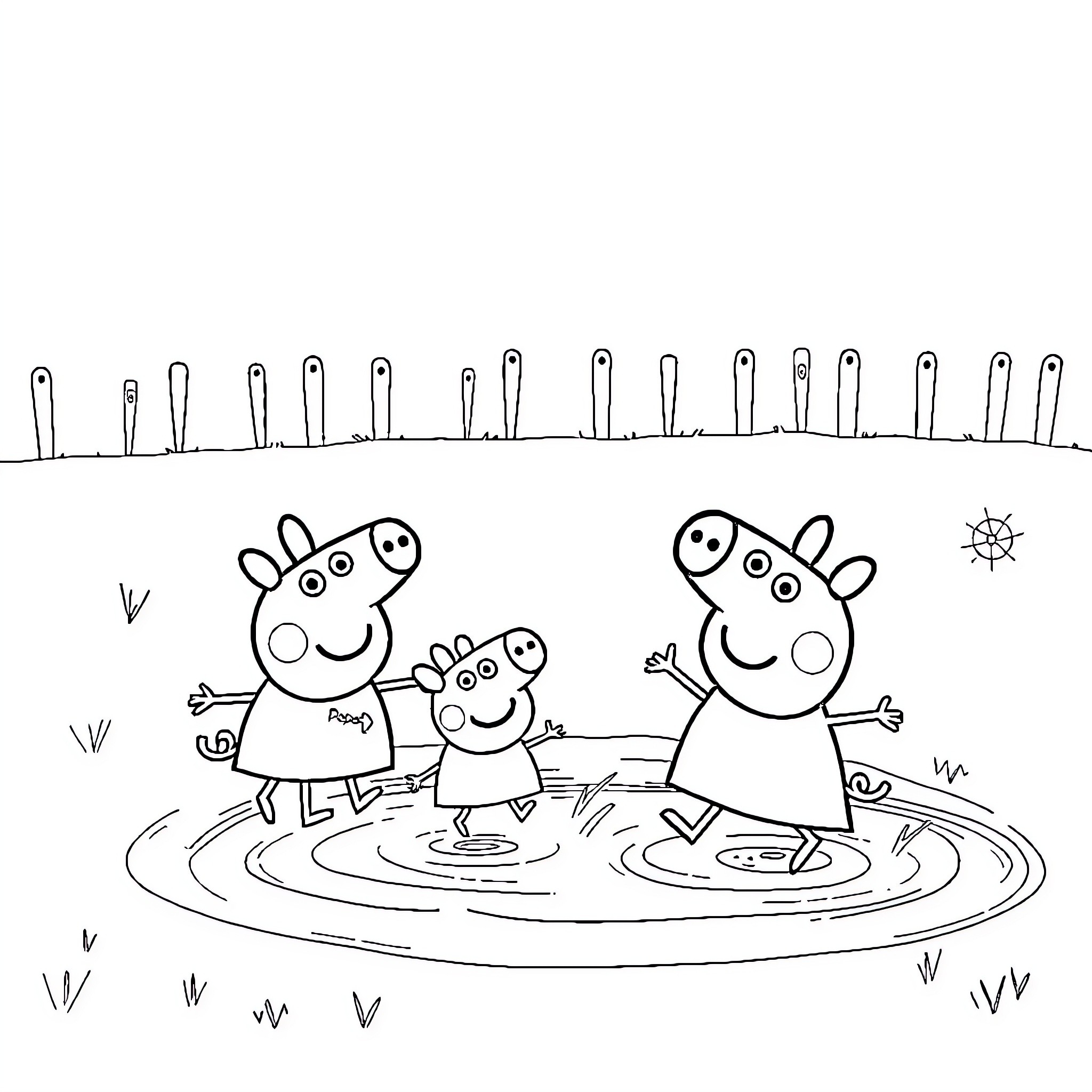Peppa Pig and Family Enjoy Outdoor Playtime Coloring Page (free black-and-white line drawing printable PDF for all, from beginners to advanced learners, including children, teens, adults, and seniors)