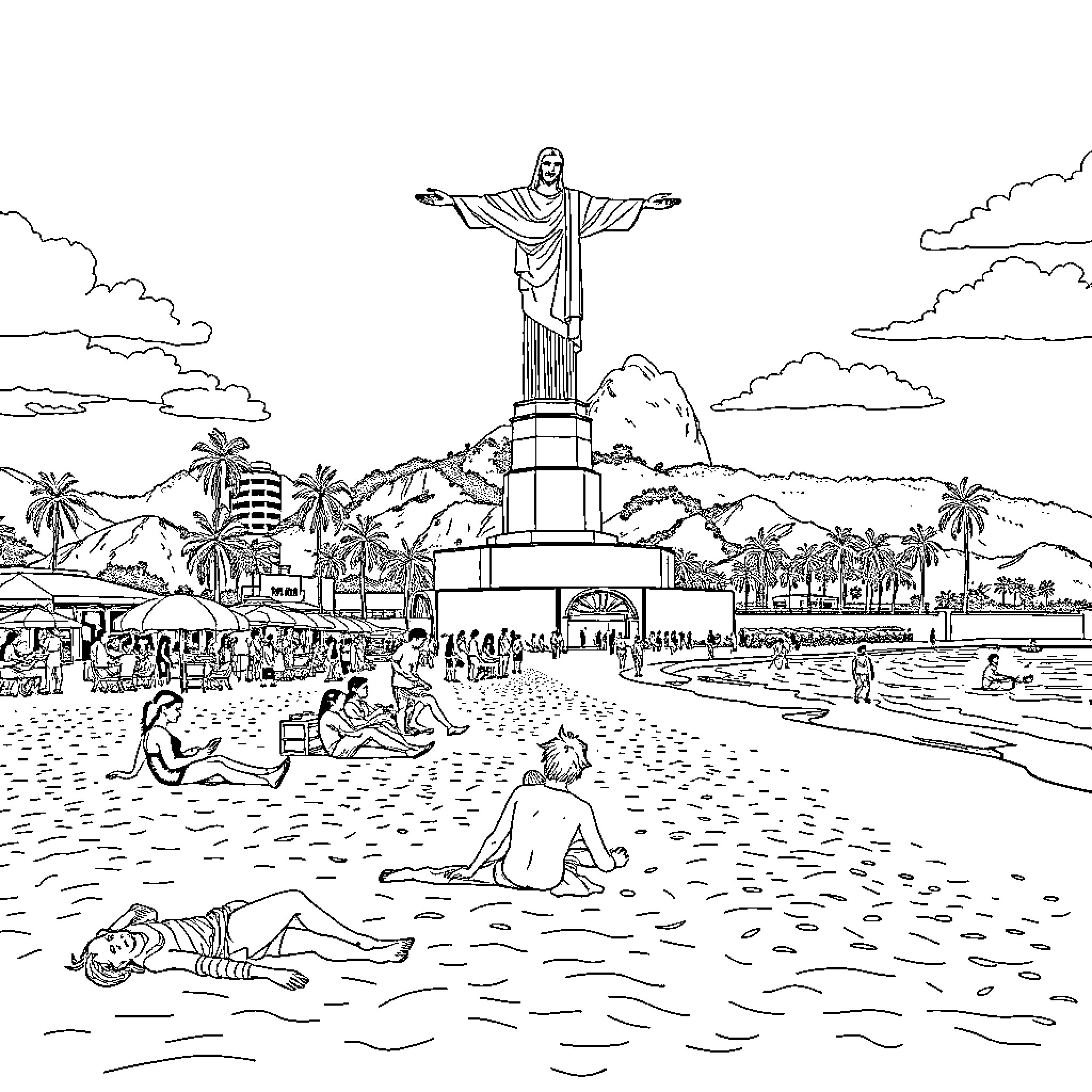 Person relaxing on the beach near Christ the Redeemer statue Coloring Page (free black-and-white line drawing printable PDF for all, from beginners to advanced learners, including children, teens, adults, and seniors)
